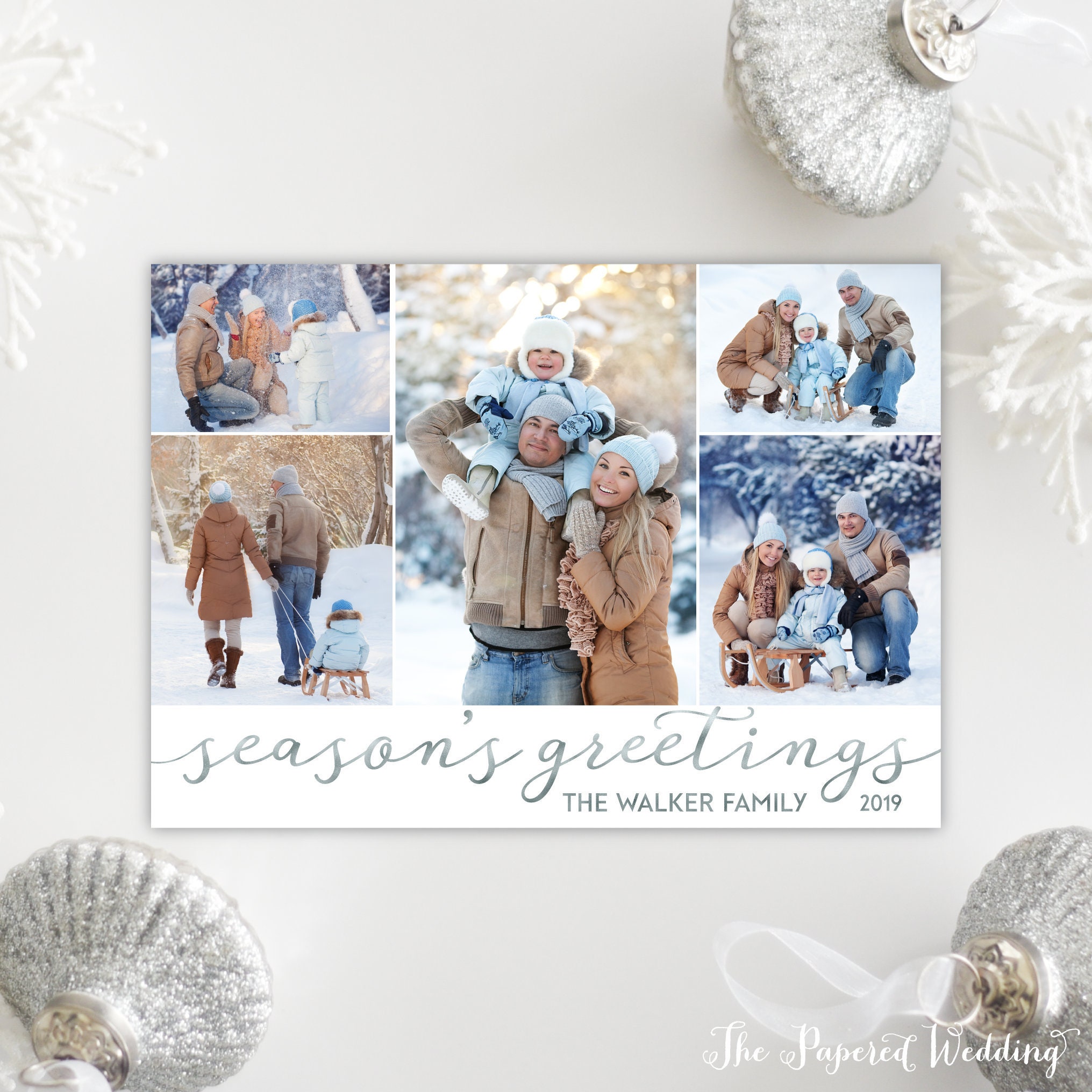 Printable Or Printed Season's Greetings Cards With Five Photos in Faux Silver Foil - Photo Collage, Non-Religious Holiday 076 P4