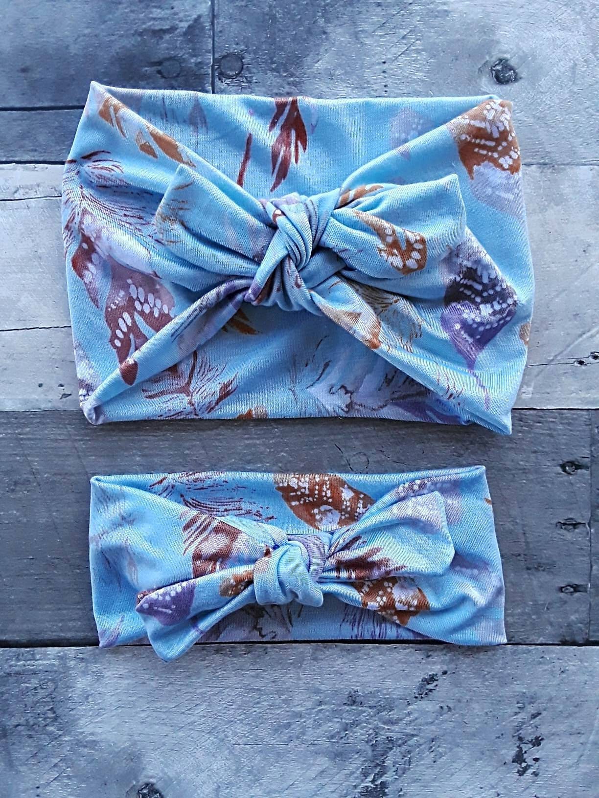 Signature Knotted Extra Wide Headbands in Pale Blue With Feathers For Mommy & Baby - Matching Me Top Knot Headwrap