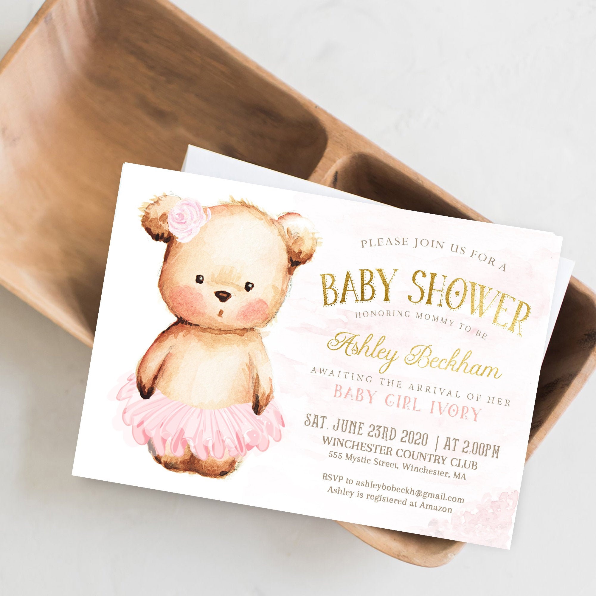 Ballerina Baby Shower Invitation, Tutu Ballerina Bear Invite, Pink Invite