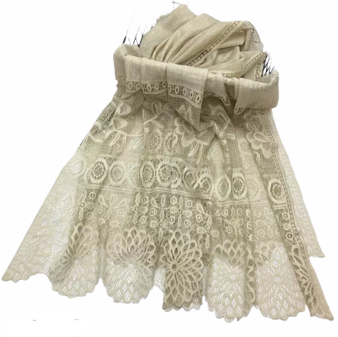 Beige Viscose Blend Lace Edged Scarf Hijab Shawl For Women Comes With A Magnetic Pin As Complimentary