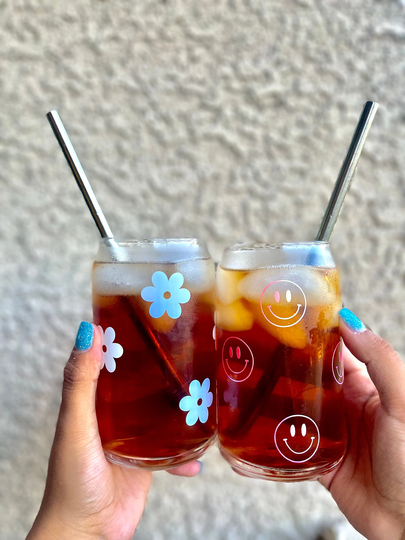 Happy Face Beer Glass Can,iced Coffee Glass Cup, Aesthetic Glass