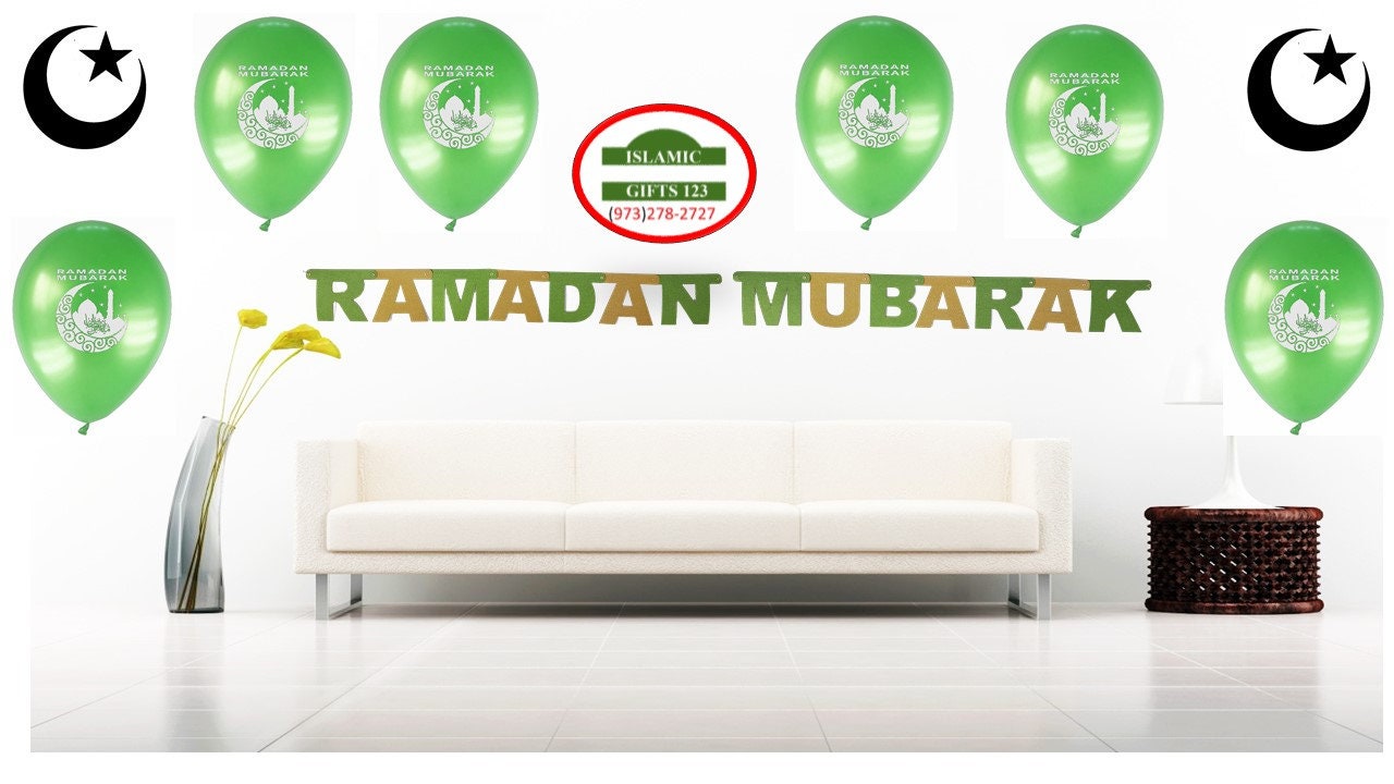 Ramadan Banner+Ramadan Balloons Green | 11 Pcs Fast Free Delivery Wholesale Islamic Gift-Ramadan Decor-Iftar Quran Eid Gift Gift-Eid Decor