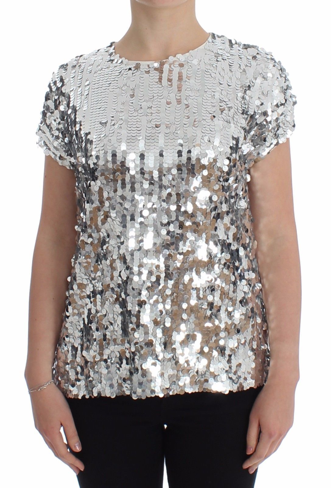Dolce & Gabbana Women's Sequined T-Shirt White/Silver SIG13202 - IT44