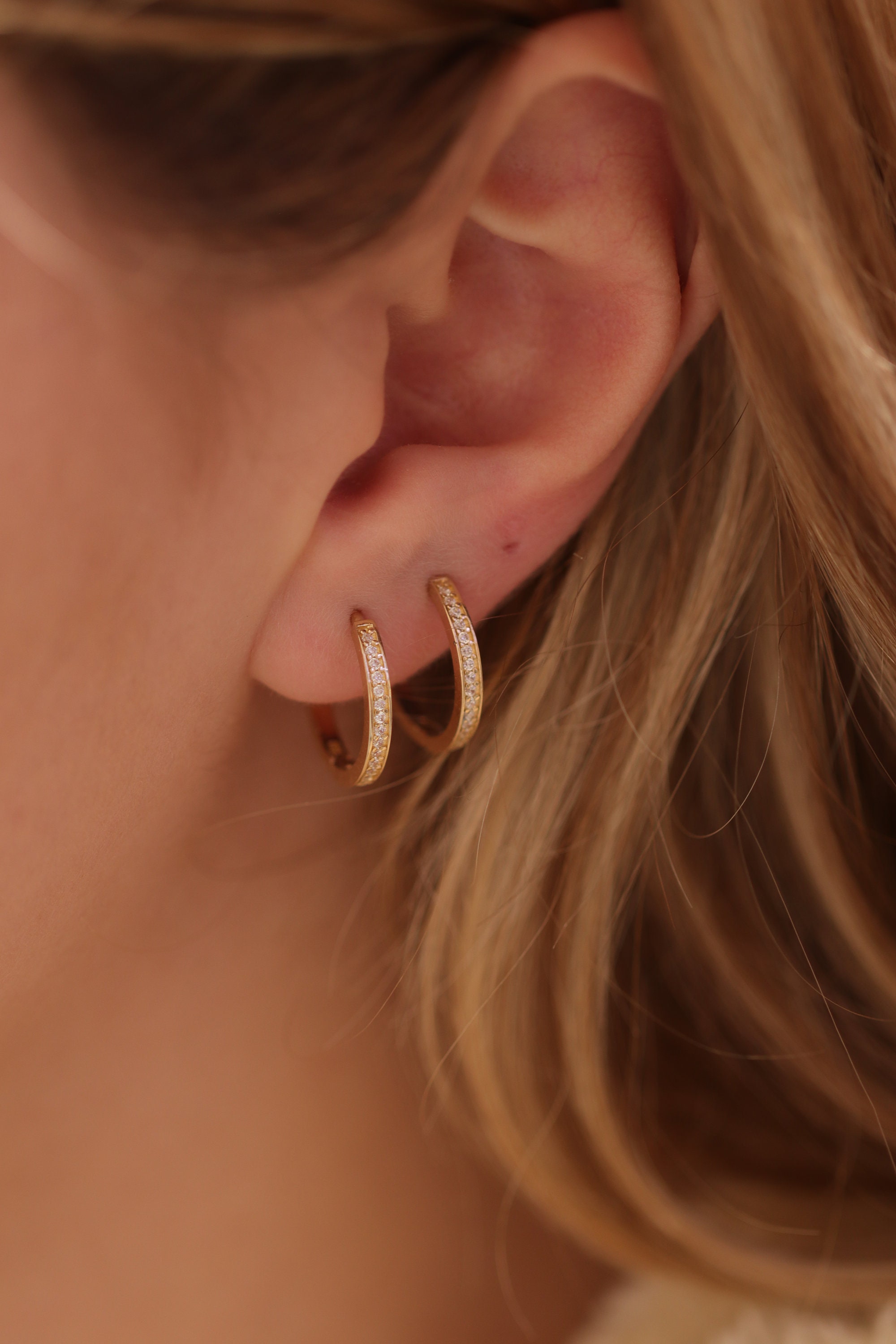 14K 18K Gold Diamond Earring/Handmade Half Way Available in Gold, Rose & White