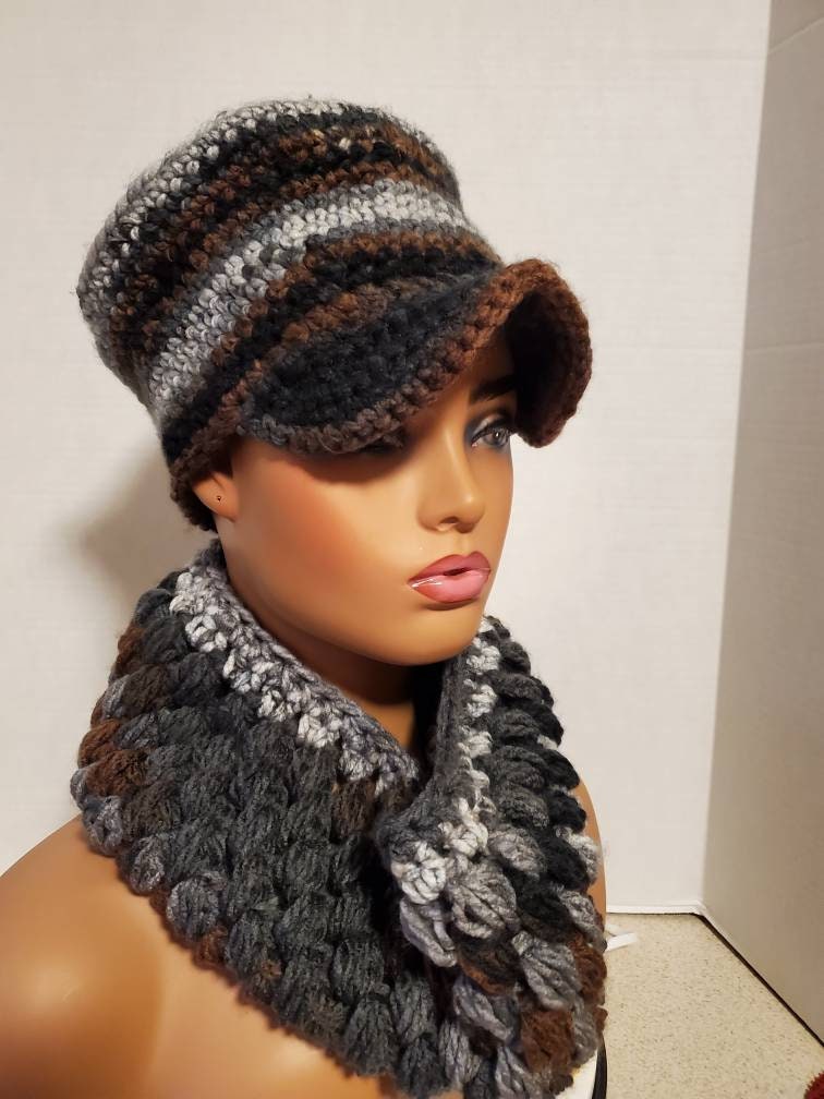 Gray, Brown & Black Blend Hat Scarf Crocheted - Crochet Hat Scarf- Captains Bubble -Crochet