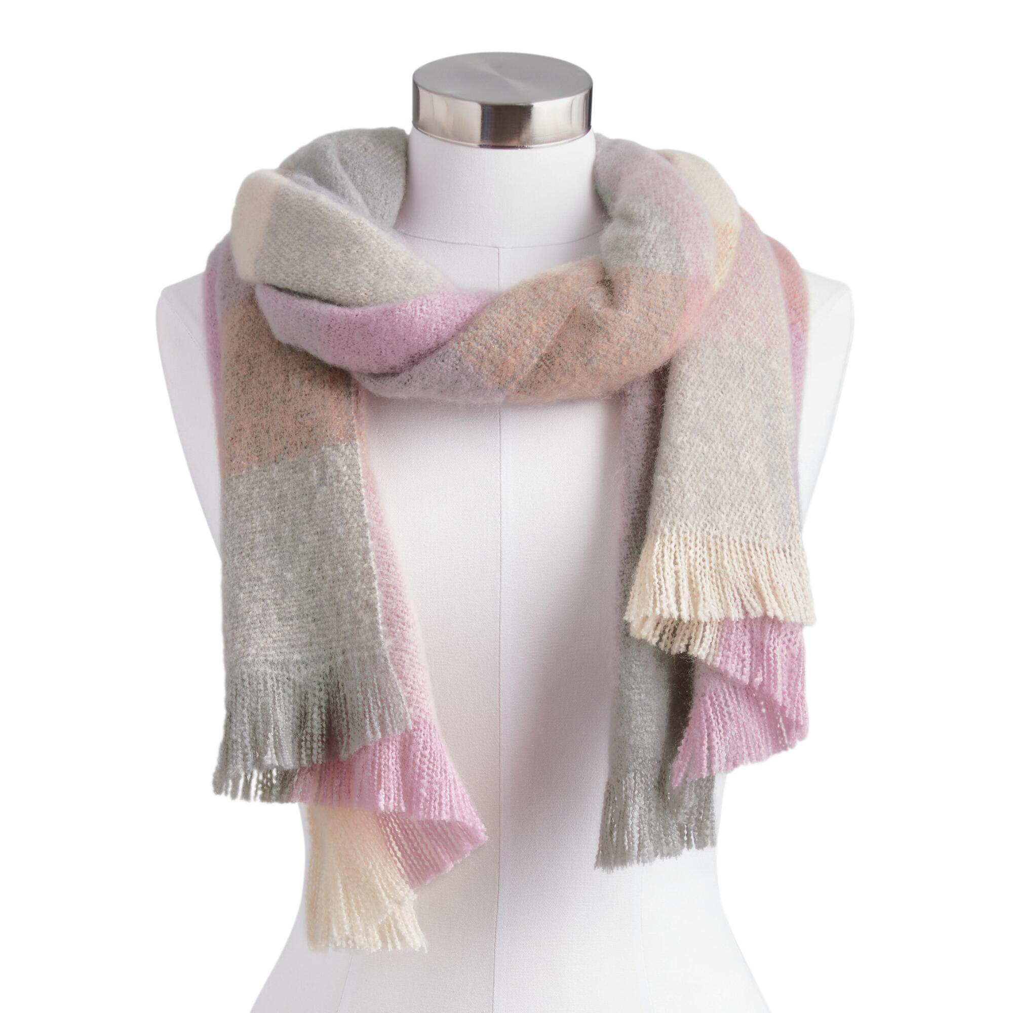 Pink, Gray And Tan Plaid Brushed Scarf - Polyester by World Market