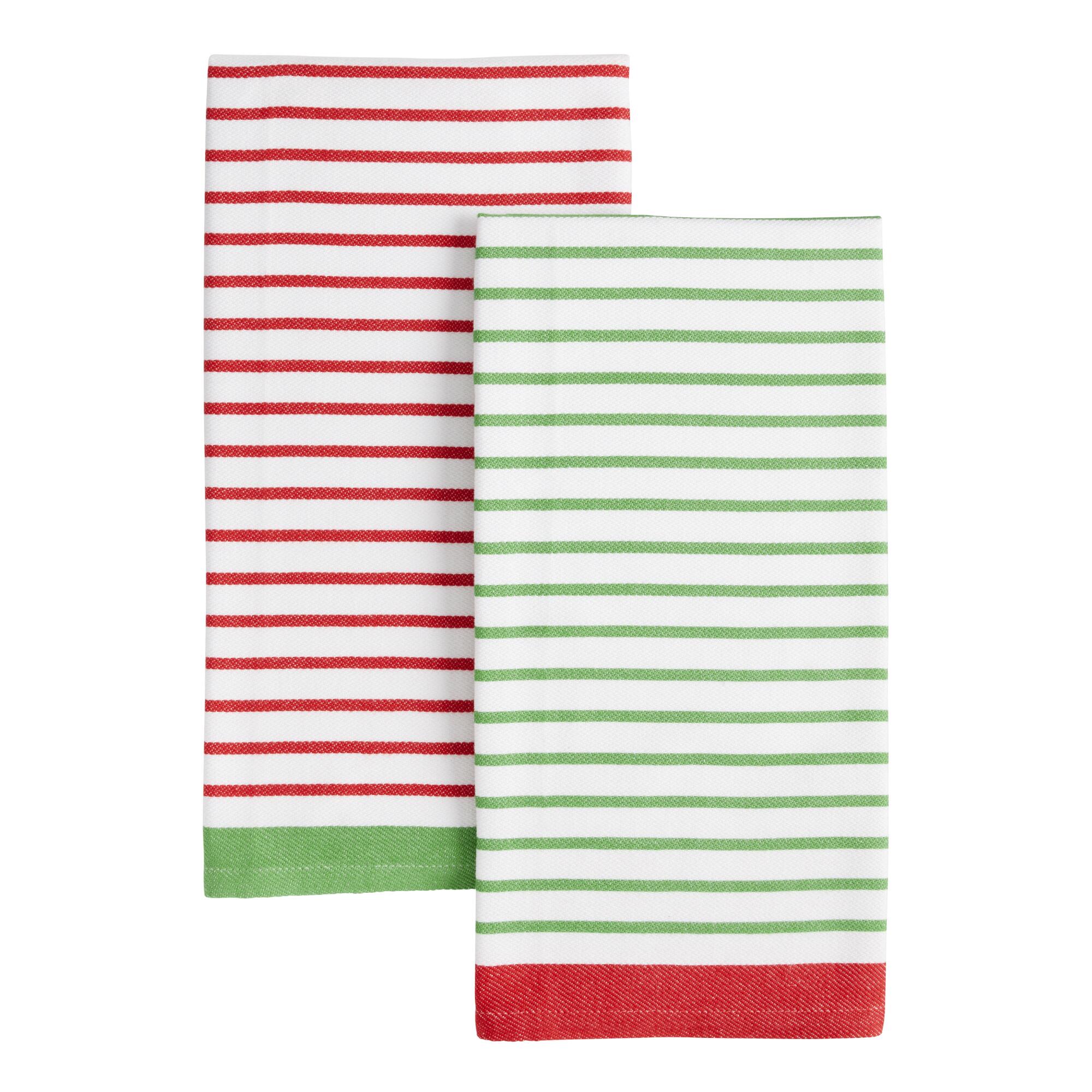 Red and Green Woven Stripe Kitchen Towels 2 Pack: Green/Red - Cotton by World Market