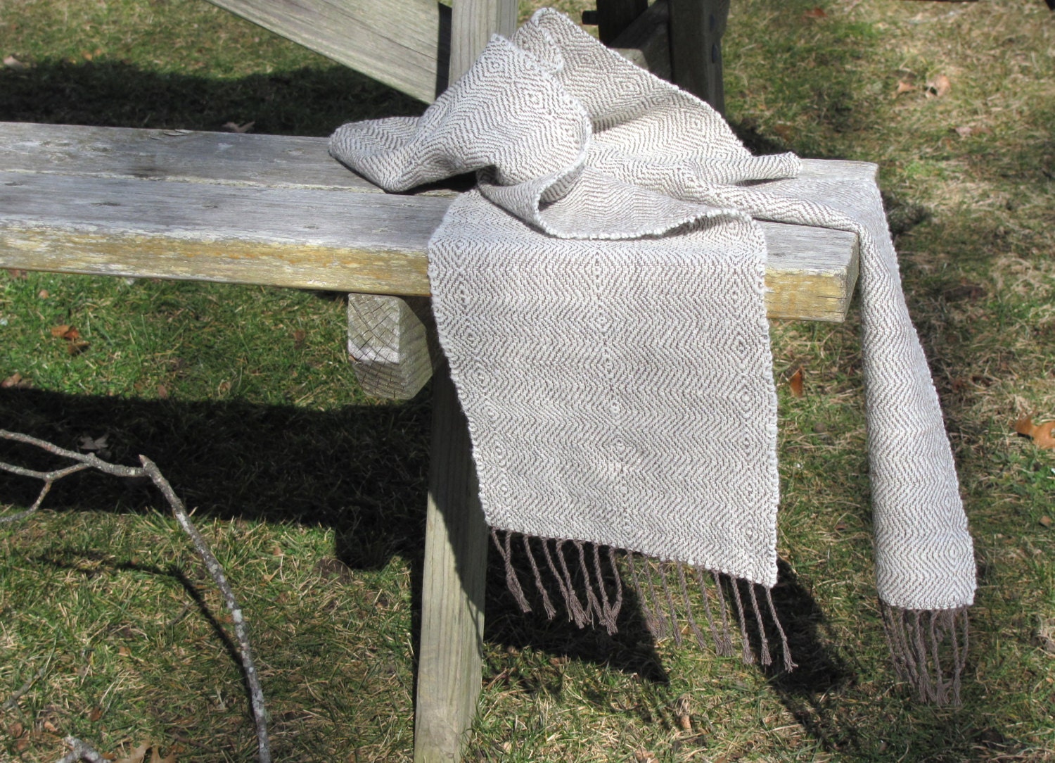 Artisan Hand Woven Wool Cotton Blend Scarf, Mens Womens Natural White Gray Brown Rustic Country Cabin Fall Winter Clothing Accessory Gift