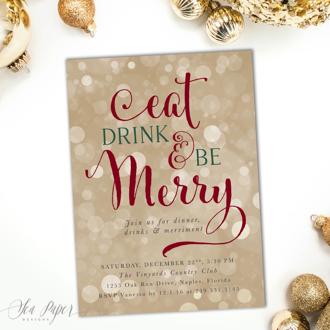 Holiday Party Invitation, Christmas Invite, Eat, Drink & Be Merry, Printed Or Printable, #8