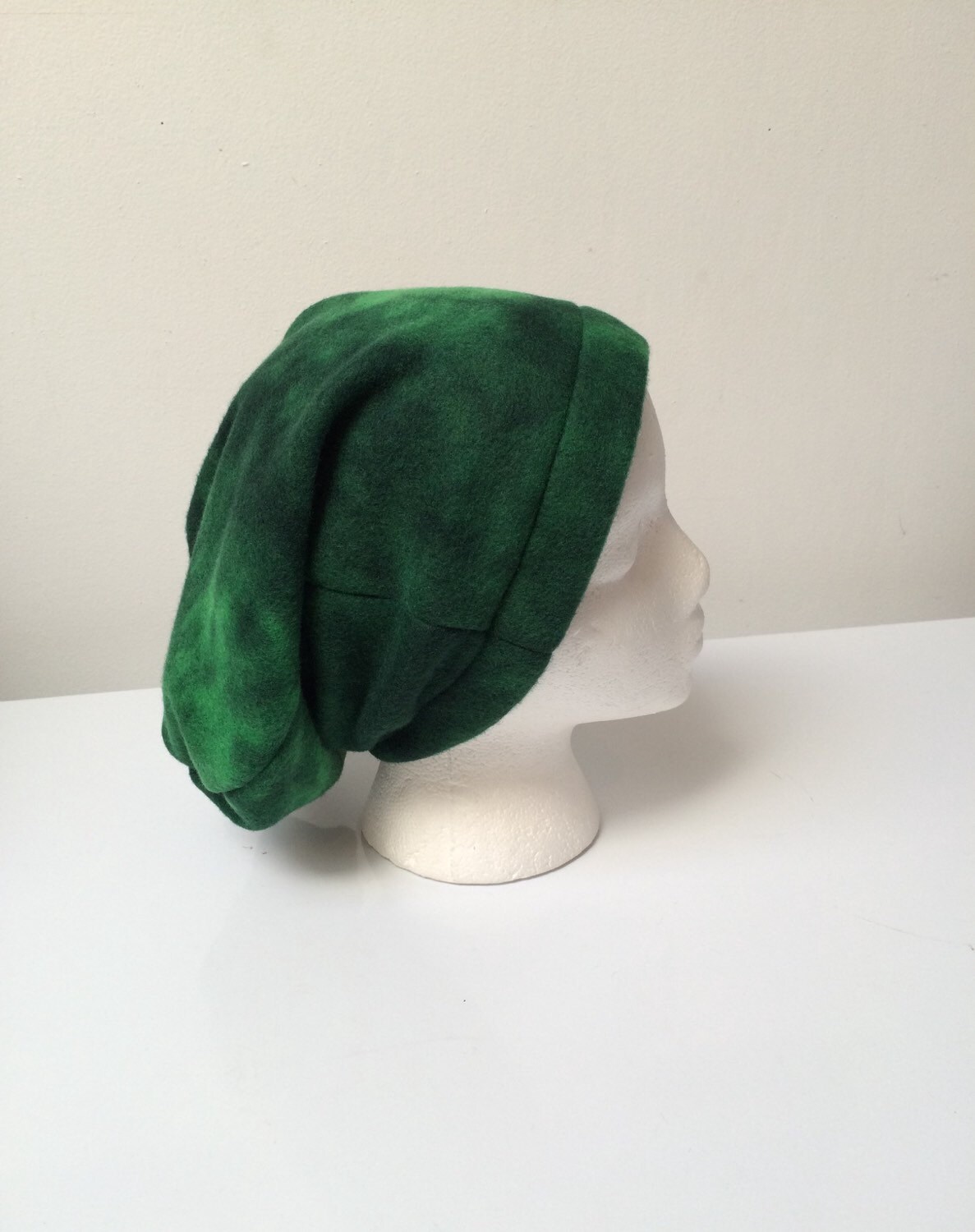 Green Fleece Slouchy Beanie, Blended Winter Hat, Hipster