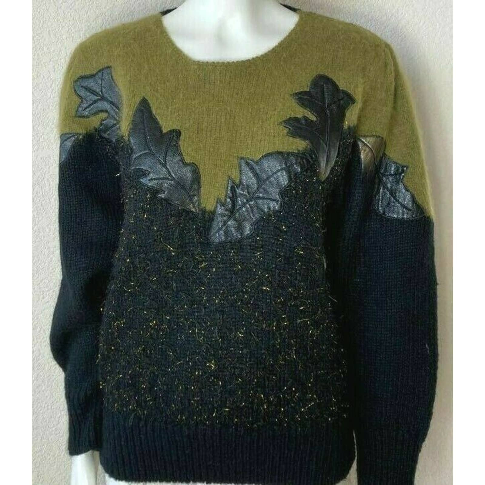 80S Angora Blend Wool Applique Leather Accent Sweater M Susann D