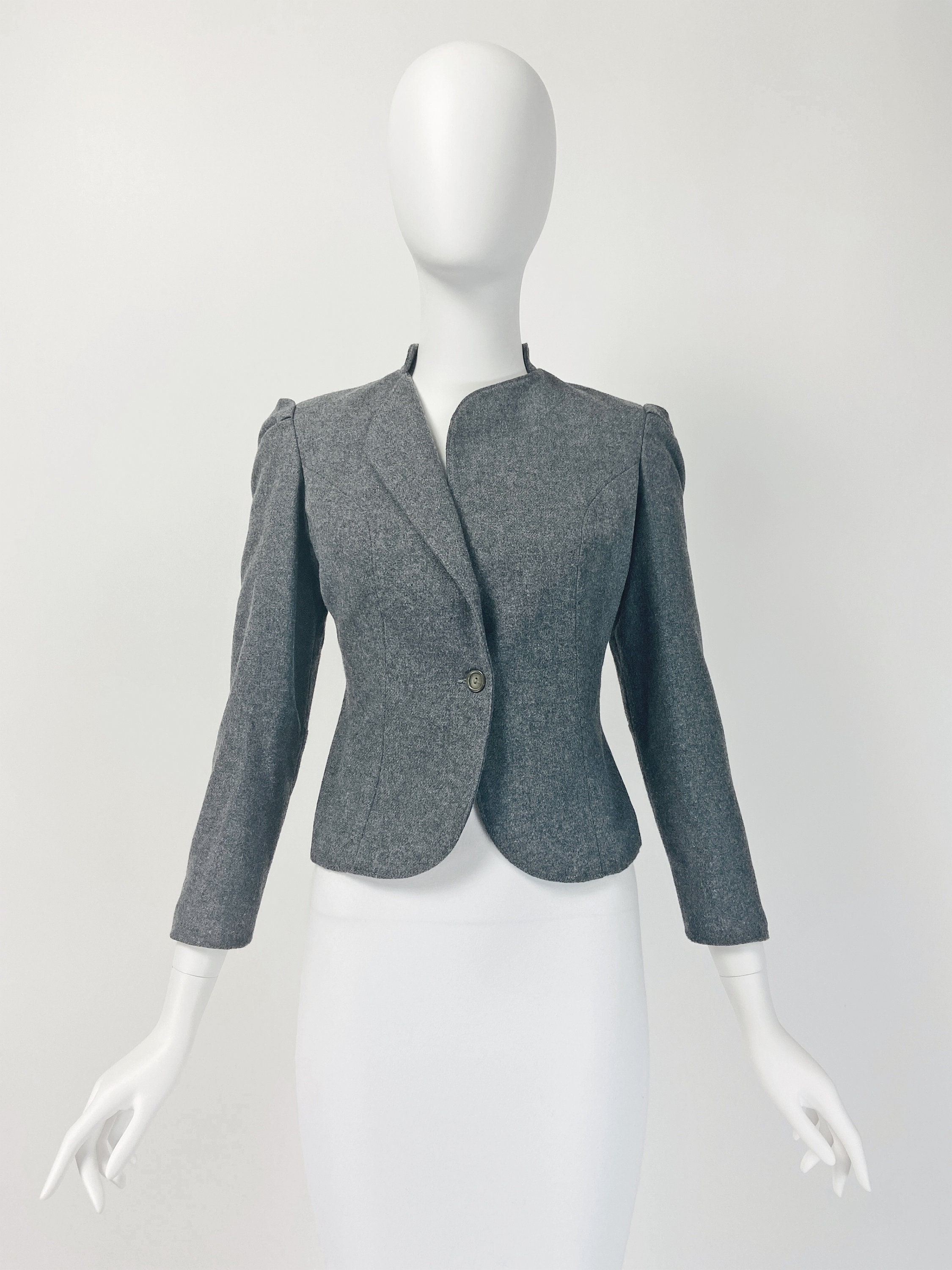 Vintage 70S Blazer, 80S Wool Jacket, Puffed Sleeve Crop Gray Tailored Xs Size 2 Us, 6 Uk, W359