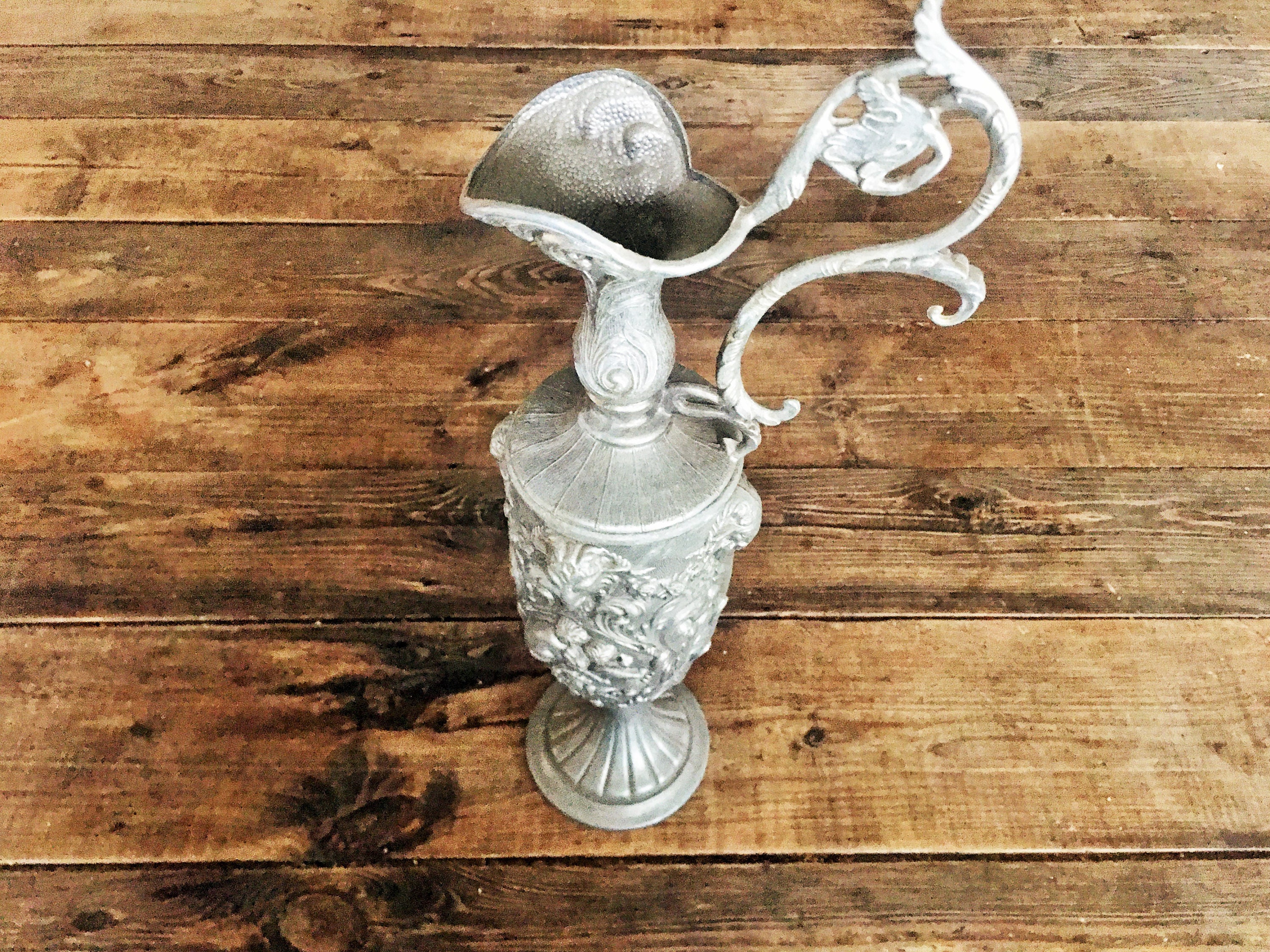 Vintage Pewter Italian Wine Pitcher/Chalice/Italian Altar Ritual Chalice Goblet, Rams Heads, Putti Cherubs