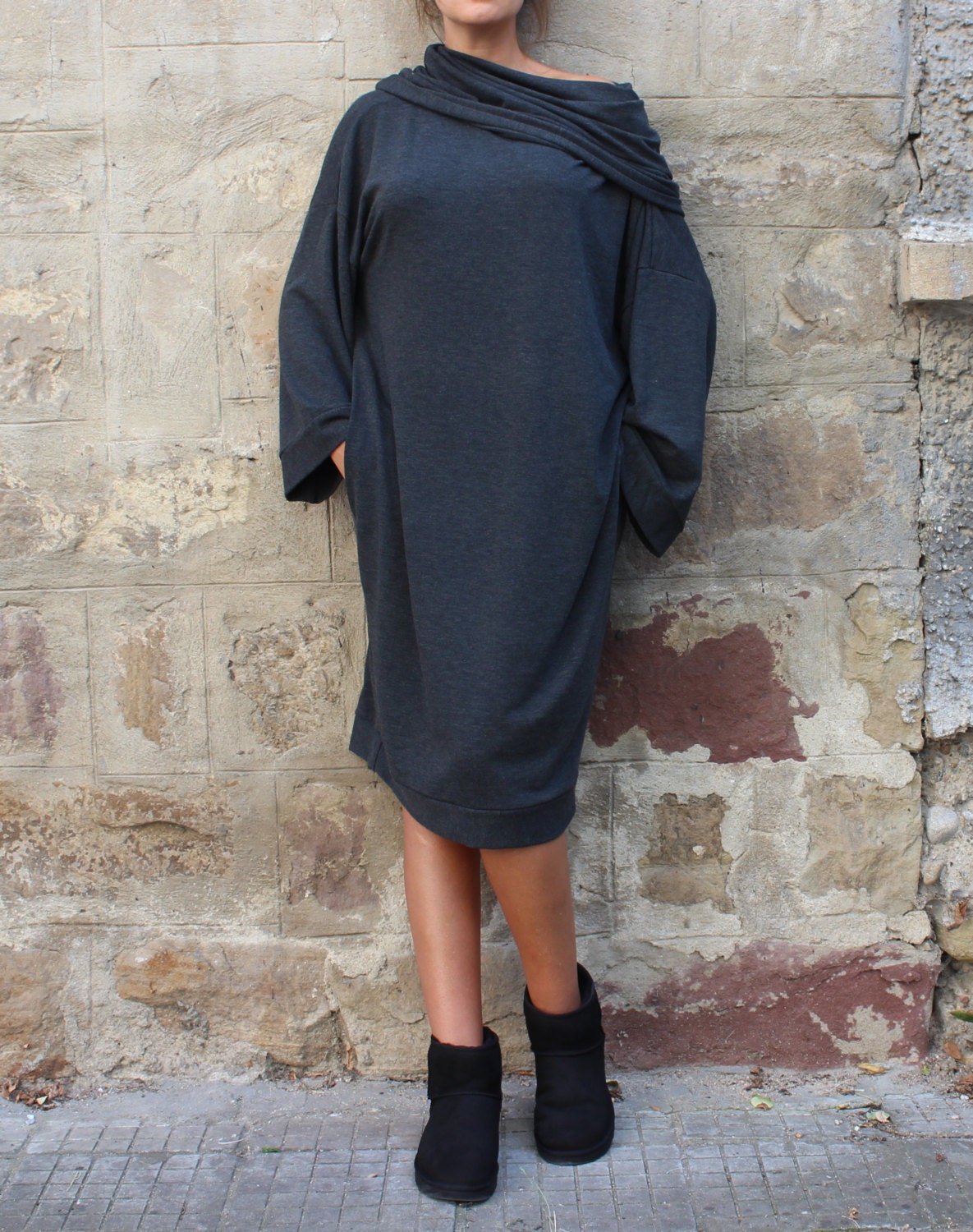 Black Winter Dress, Knit Loose Warm Sweater Midi Plus Size Clothing, Off Shoulder Avant Garde Clothing
