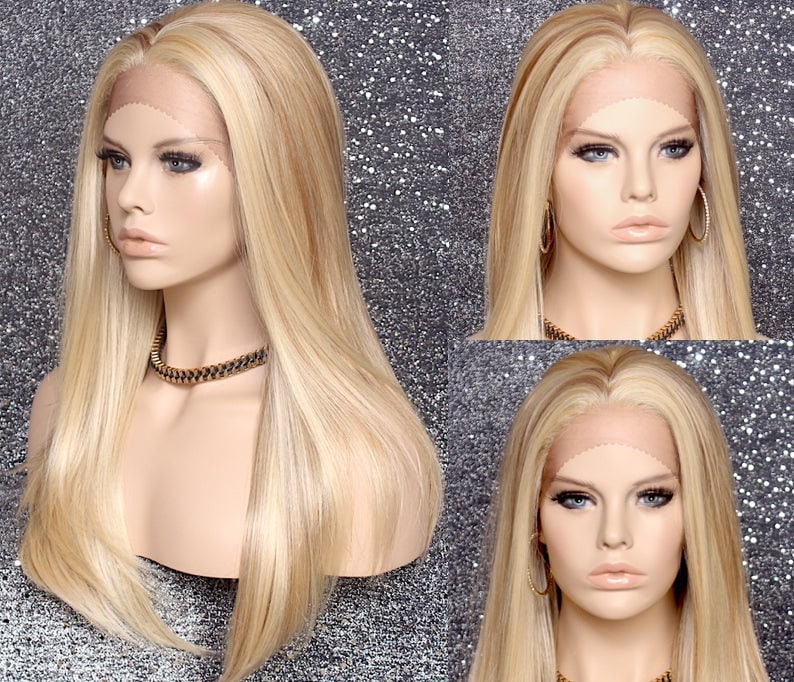 Blonde Mix Human Hair Blend Lace Front Wig Long Silky Straight Center Mono Hand Tied Part Cancer Alopecia Theater Cosplay