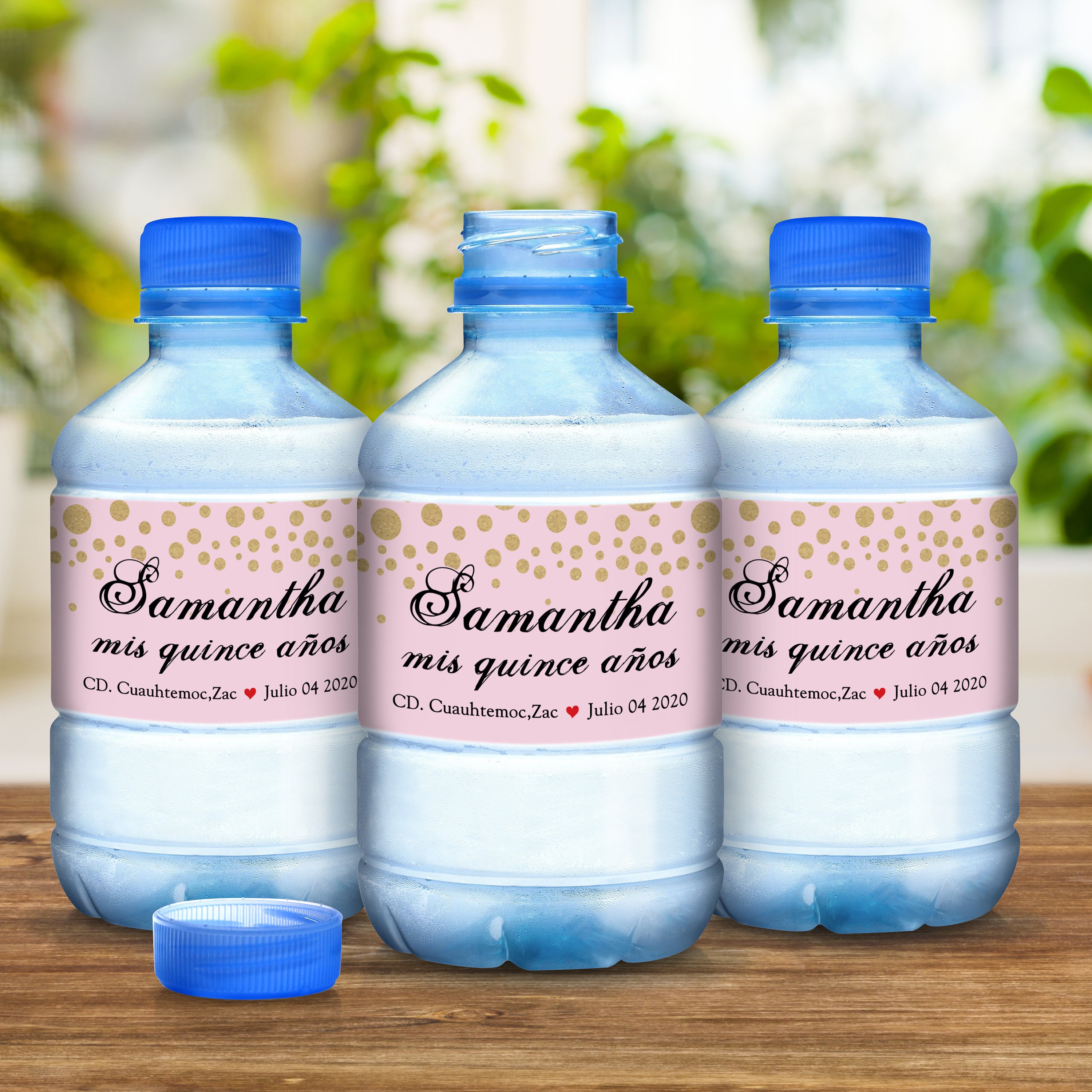 30 Pink With Gold Dots Mis Quince Aos Quinceaera Birthday Water Bottle Labels - Waterproof