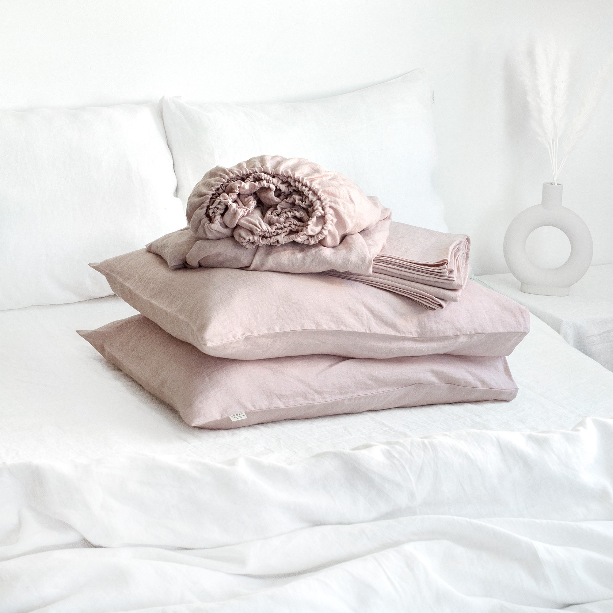 Linen Sheet Set in Dusty Rose. Fitted Sheet, Flat & 2 Pillowcases King, Queen, Twin, Full, Double Size. Rose Pink Bedding