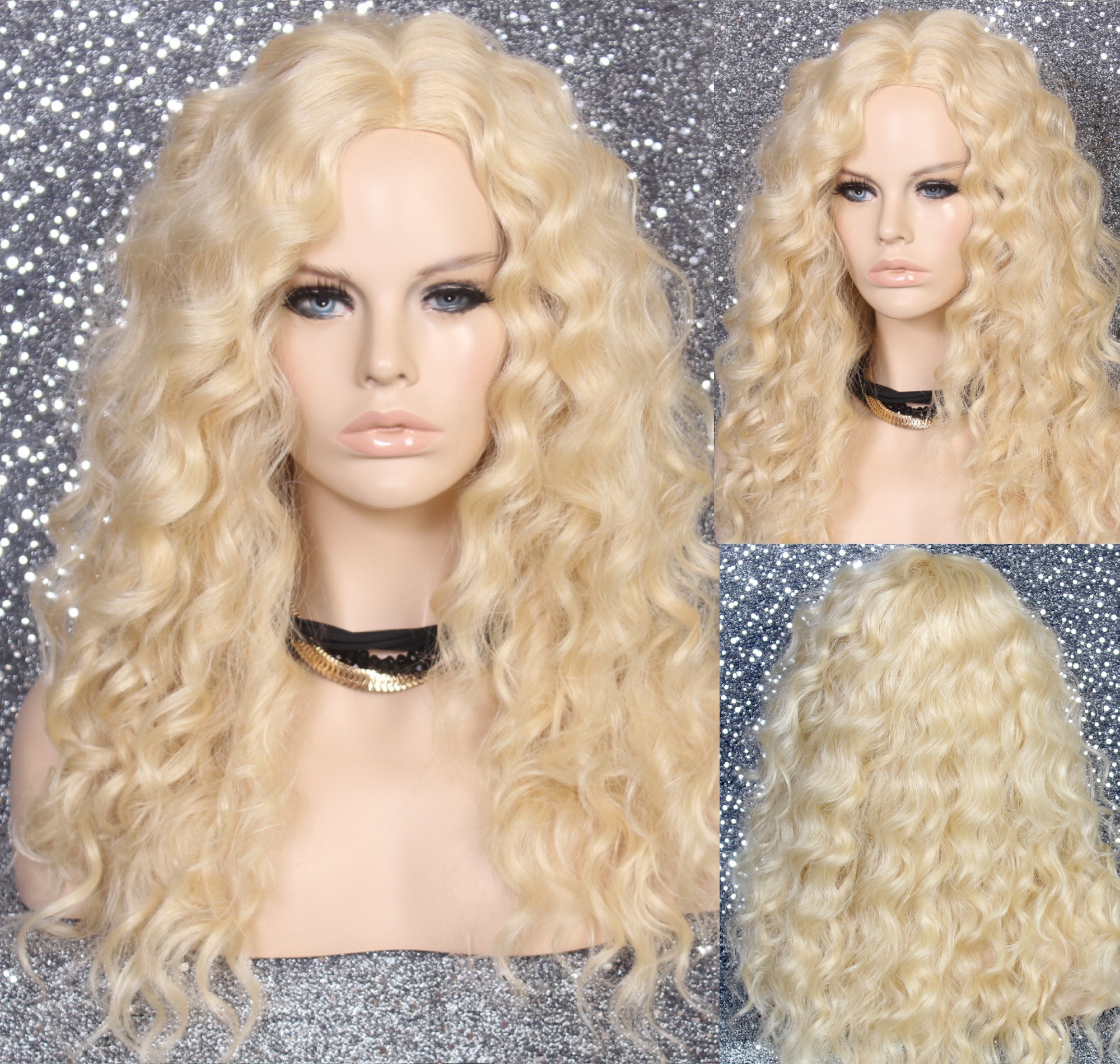 Human Hair Blend Wig Silk Soft Curls Can Be Combed Out 4 Extra Volume Bleach Blonde Hand Tied Mono Free Part Cancer/Alopecia/Theater/Cosplay