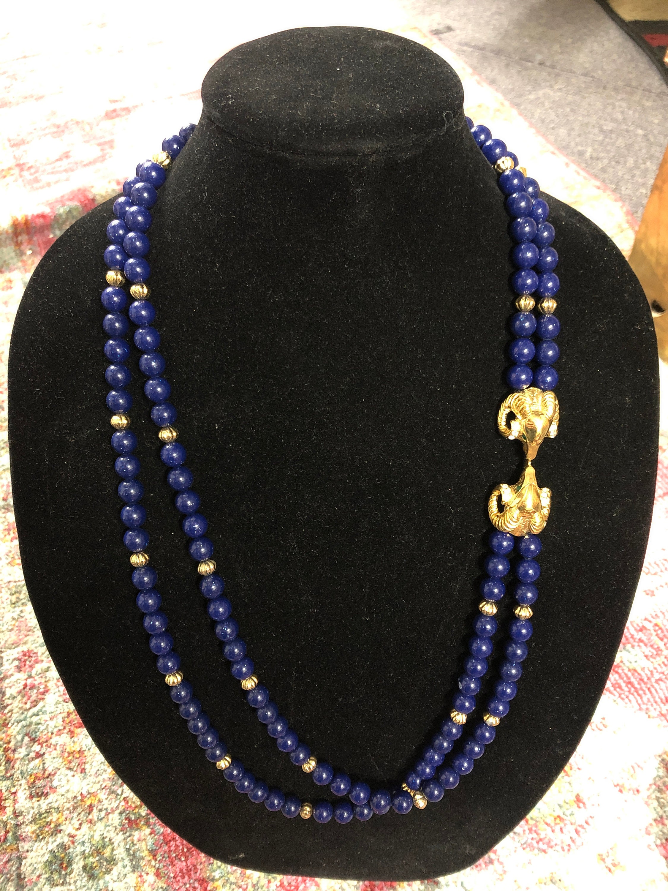 Double Rams Head Double Beaded Strands Blue & Gold Brass Rhinestone Eyes Ibex Navy Beads Over Your Asymmetrical Statement