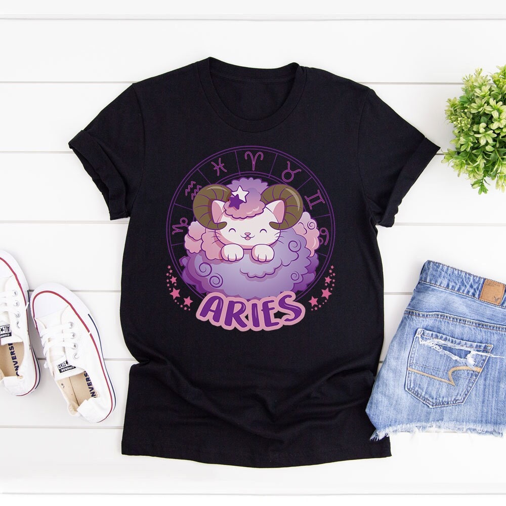 Kawaii Zodiac Cat Aries Shirt, Cute Ram Astrology Art - Gifts, Neko Anime Aesthetic Clothing Horoscope Graphic Tee For Her
