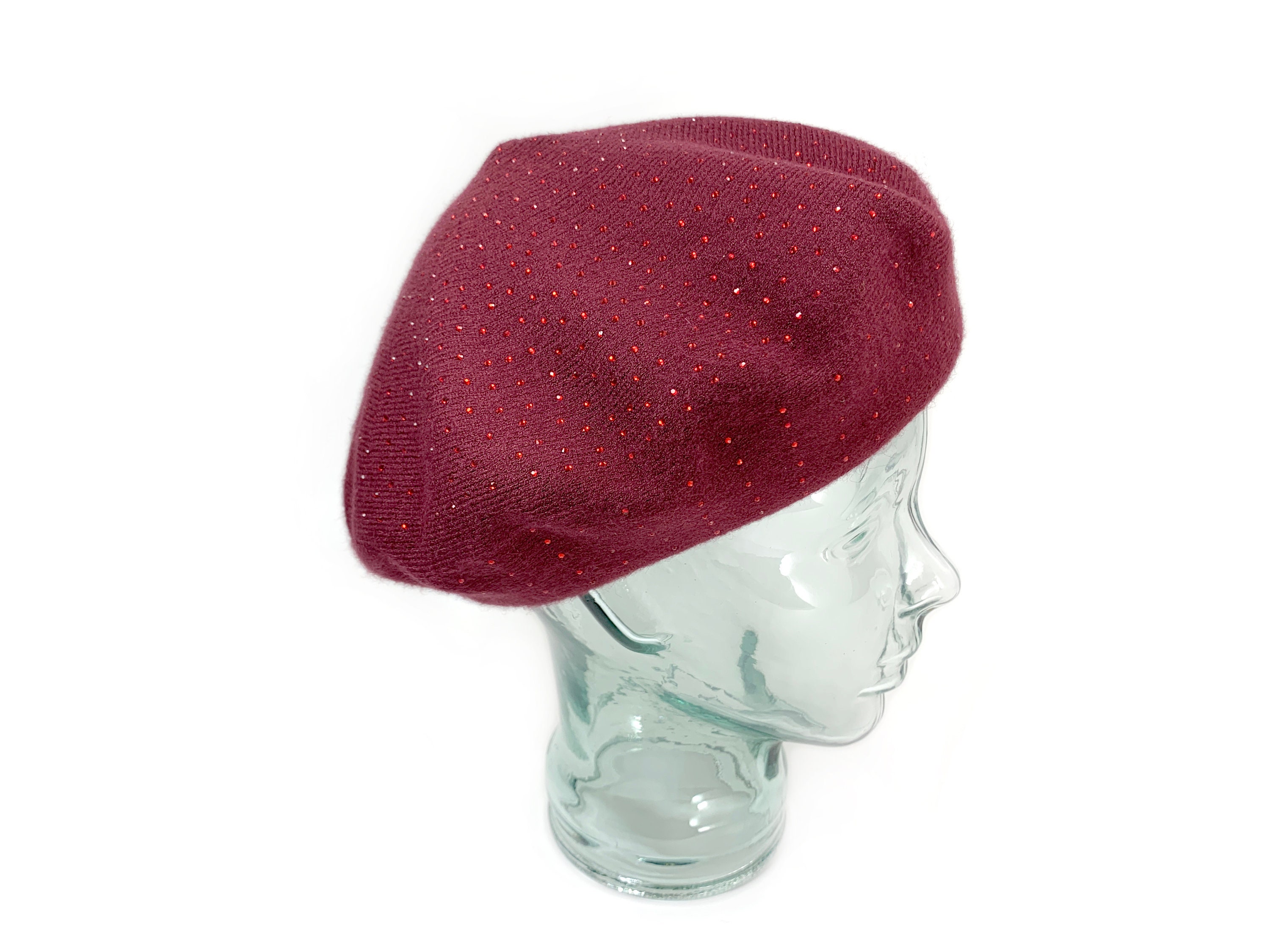 Burgundy Knit Beret, Cashmere Blend Beret With Sparkle, Reversible Soft Wool Beret, Retro Style Winter Hat For Women
