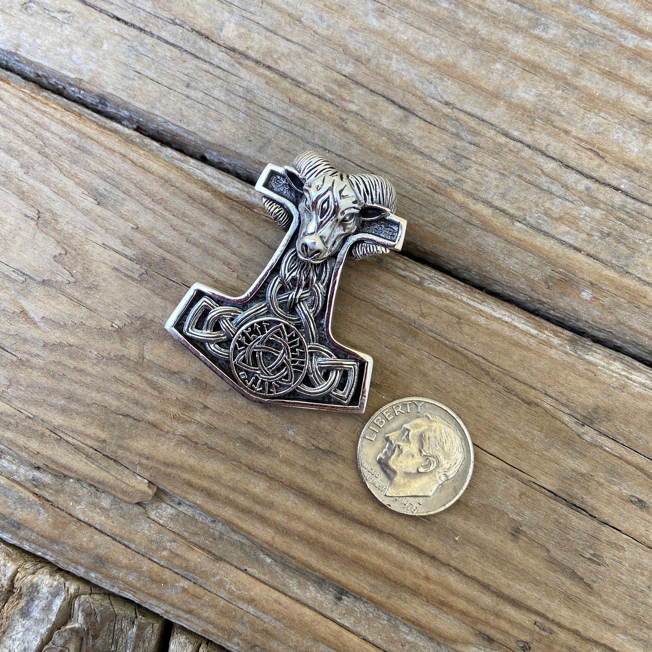 On Sale Hammer Of Thor Pendant With A Rams Head Triquetra, Handmade in Sterling Silver 925