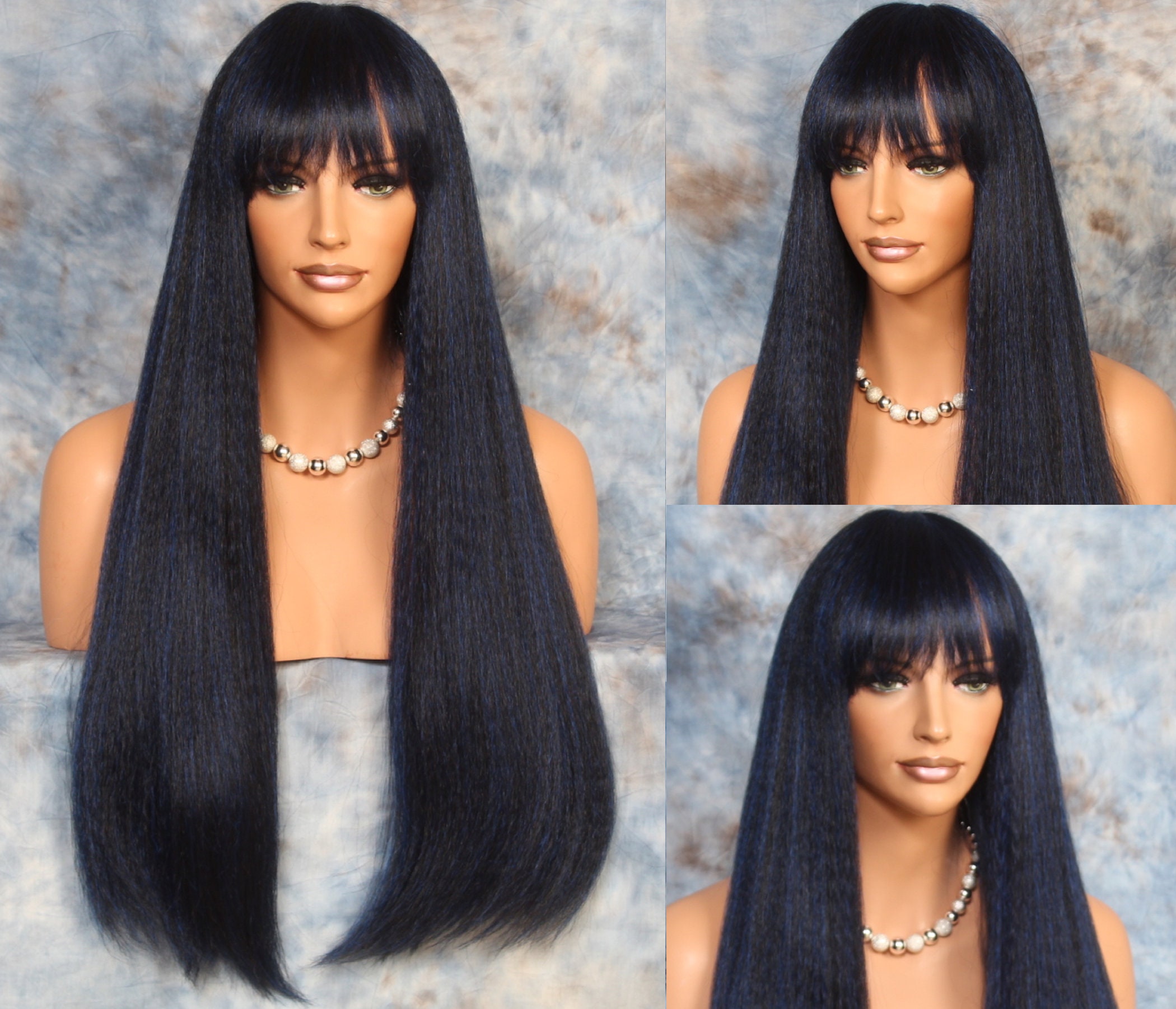 Human Hair Blend Body Crimpted Textured Blunt Bangs & Length Blue Black Heat Safe Wig Cancer/Alopecia/Cosplay