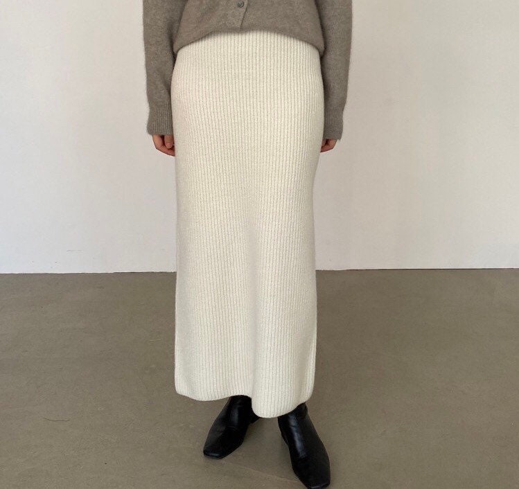 Cashmere & Merino Wool Blended Rib Knit Skirt, Plain Long Soft H-Line Maxi Minimal Skirt