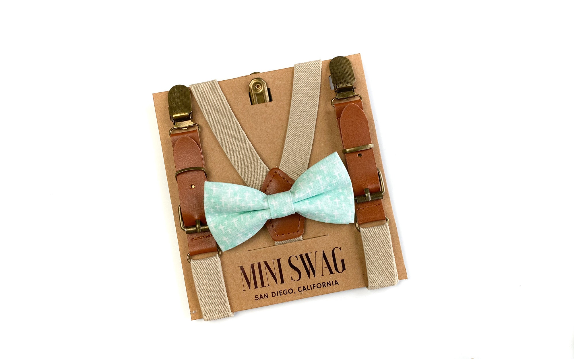 Aqua Blue Cross Bow Tie & Suspenders - Perfect For Boys Confirmation, Christening, Baptism, First Communion, Easter Outfit, Christian Gift