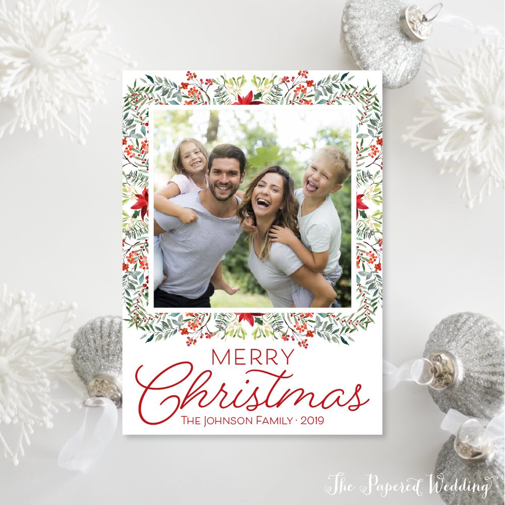 Printable Or Printed Red & Green Christmas Cards - Red, Green, White Floral Photo Holiday Flower 030 P1