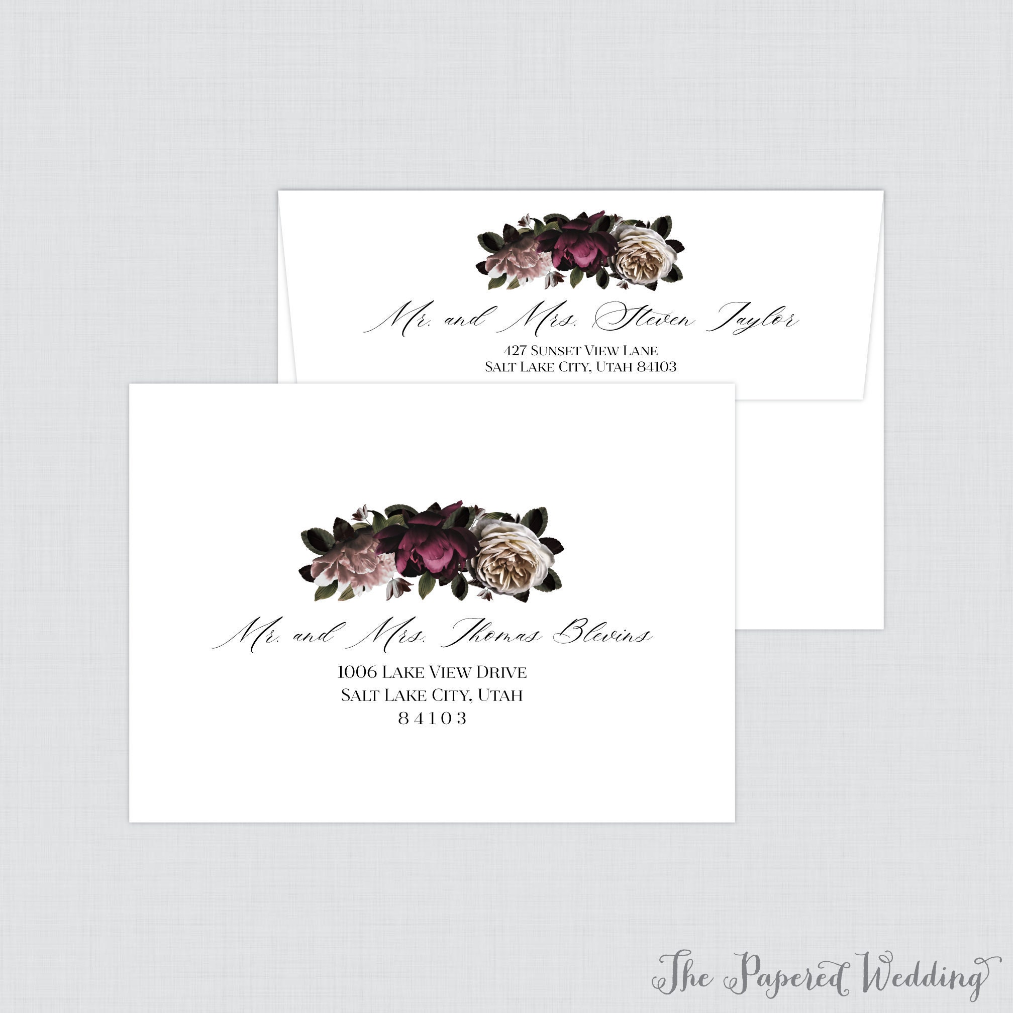 Floral Wedding Envelopes - Printed With Burgundy, Pink, & Ivory Flowers Moody Personalized Guest Addressing 0025