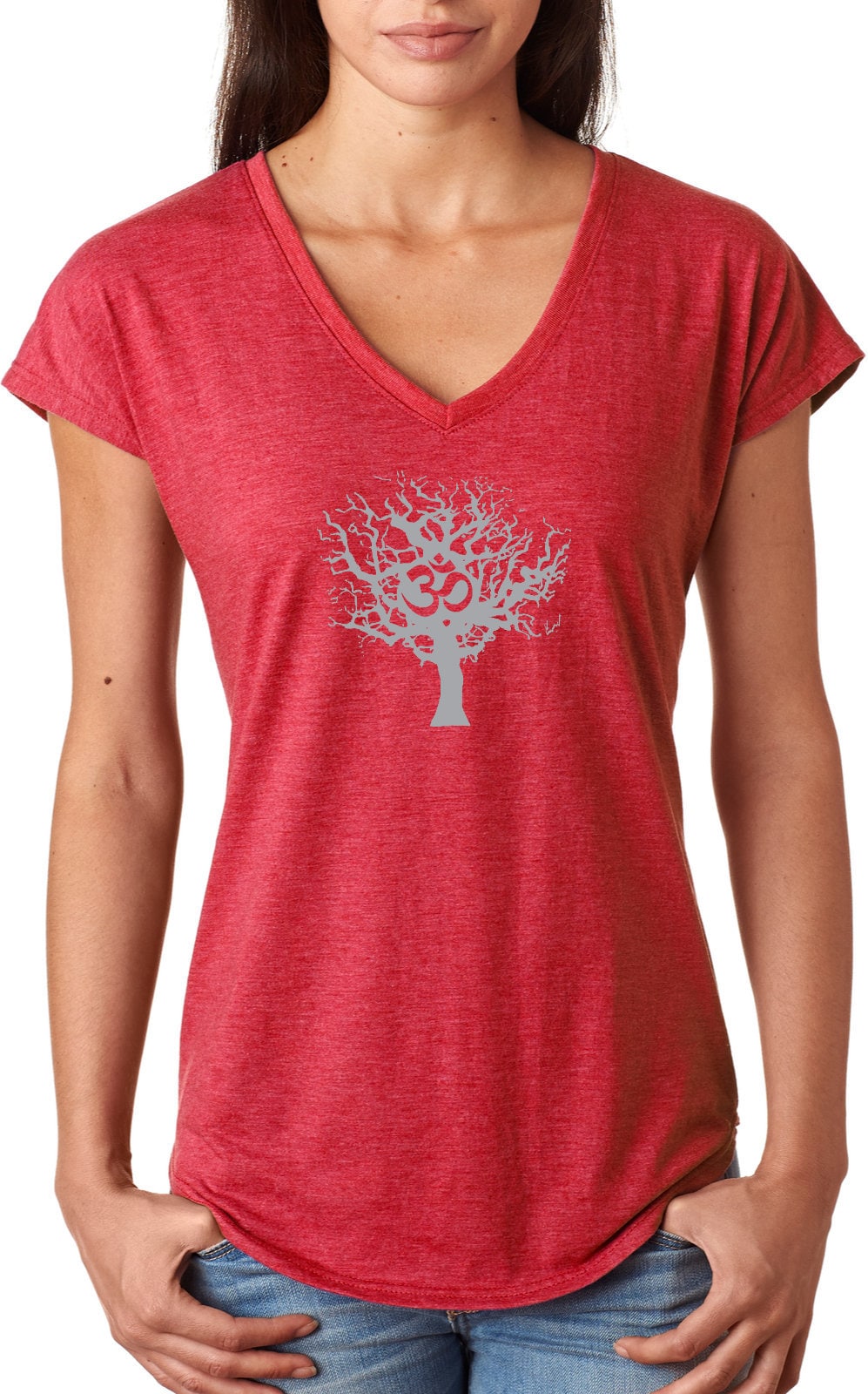 Grey Tree Of Life Ladies Yoga Tri Blend V-Neck Tee Shirt = Greytree-6750Vl