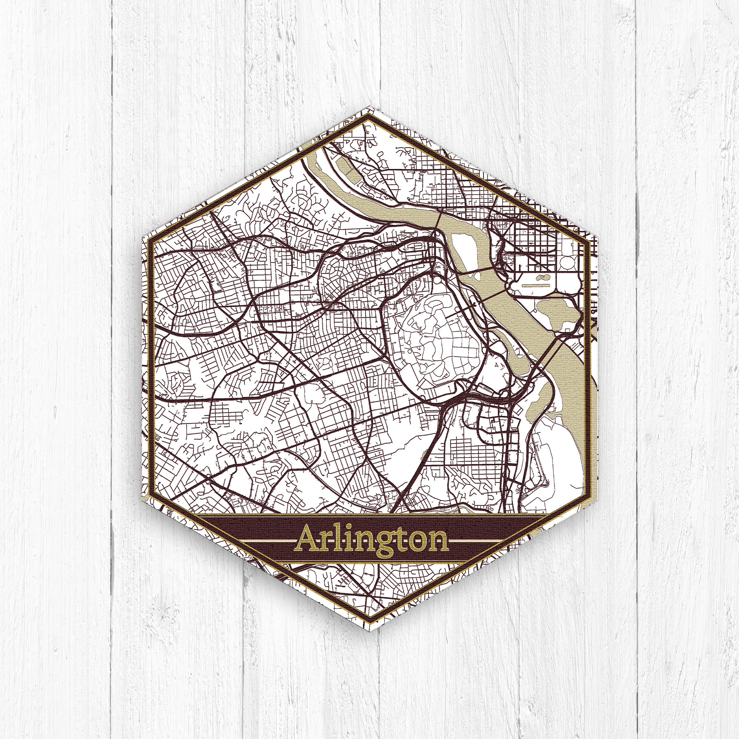 Arlington Virginia Street Map Hexagon Canvas, Map, Red & Gold City