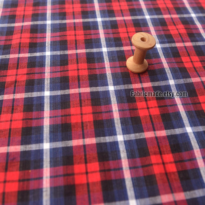 Light Plaid Linen Blend Fabric, Yarn Dye Tartan Check Navy Red Grey Fabric - 1/2 Yard