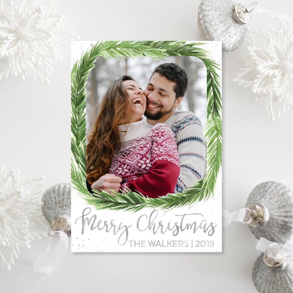 Printable Or Printed Green & Silver Photo Christmas Cards - Pine Wreath Faux Foil Holiday 018 P1