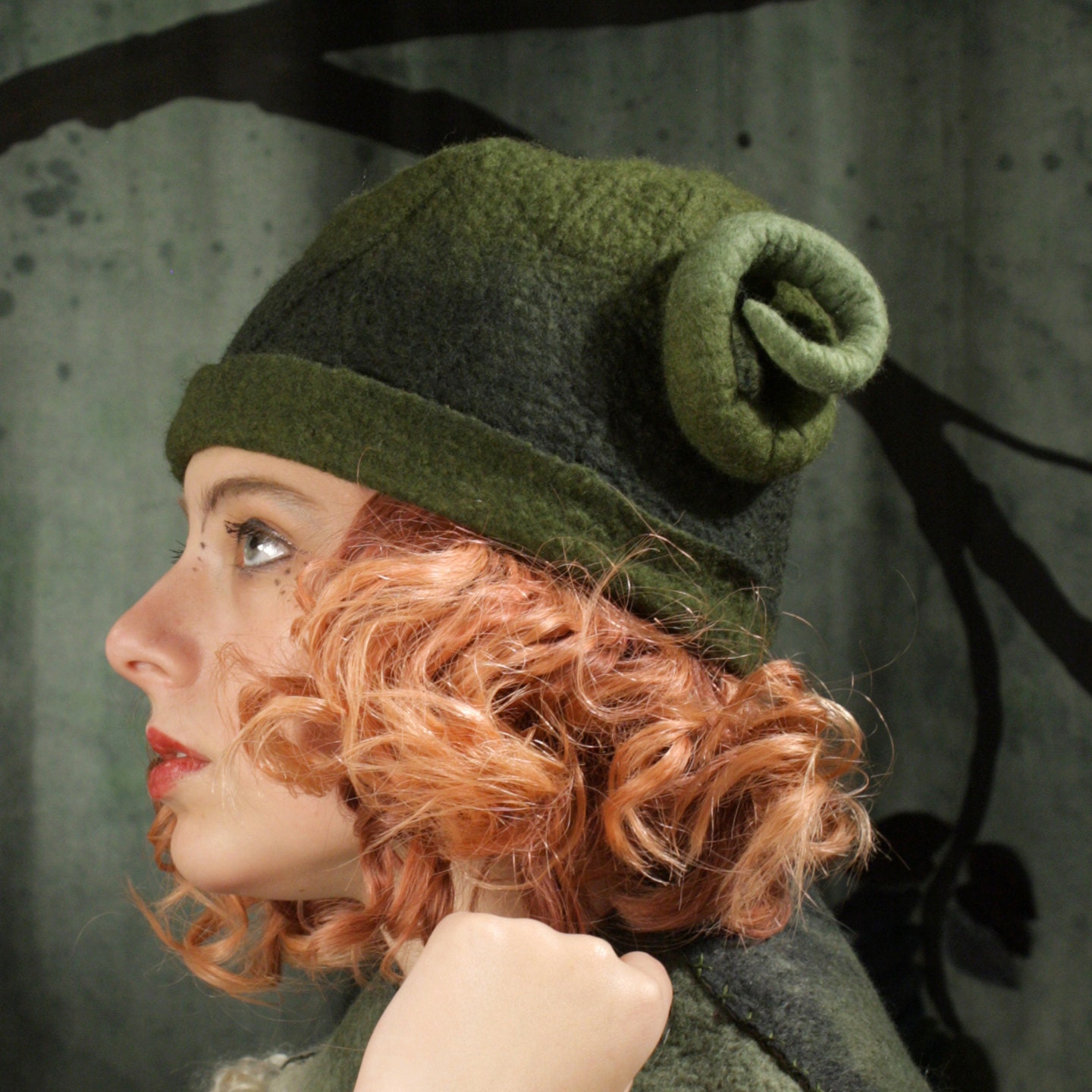 Green Hat With Horns - Goat Rams Felted Wool Fairy Elf Cap