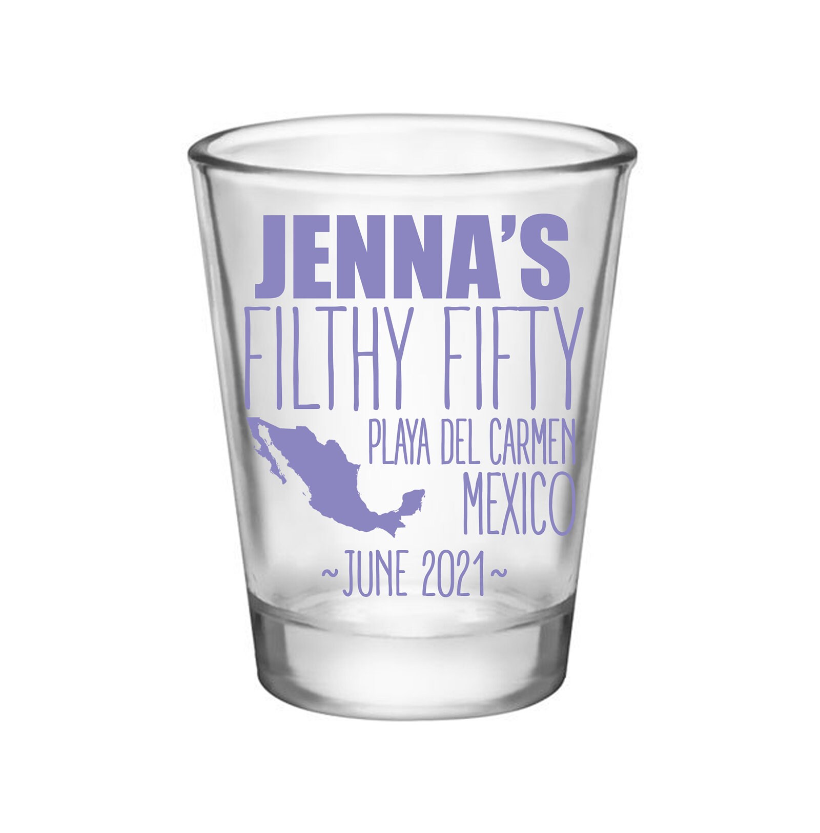 Clear/Frosted Destination Birthday Party Favors 50Th Beach Gifts Personalized Shot Glasses | Filthy Fifty 50 Print Colors