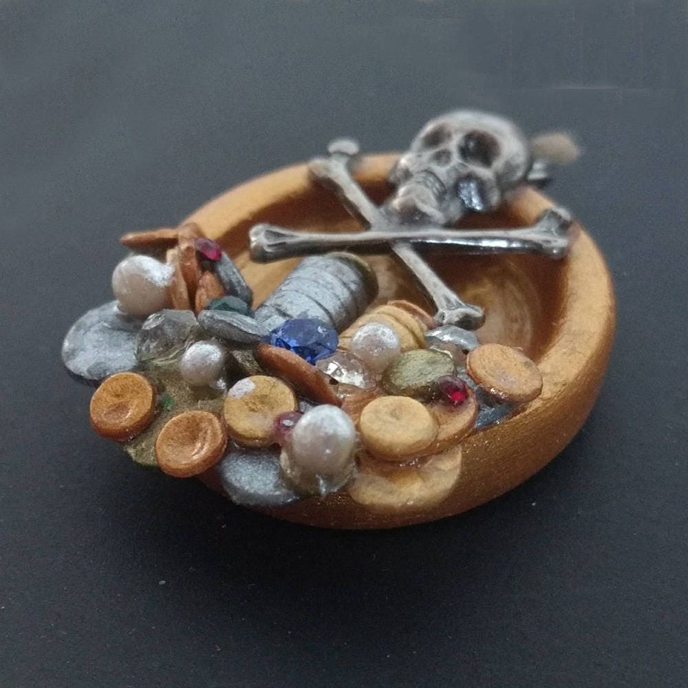 Miniature Polymer Clay Pirate Treasure Charm, Skull & Crossbones, Sculpted, Painted, Rhinestones, Halloween - Hand Made in The Usa
