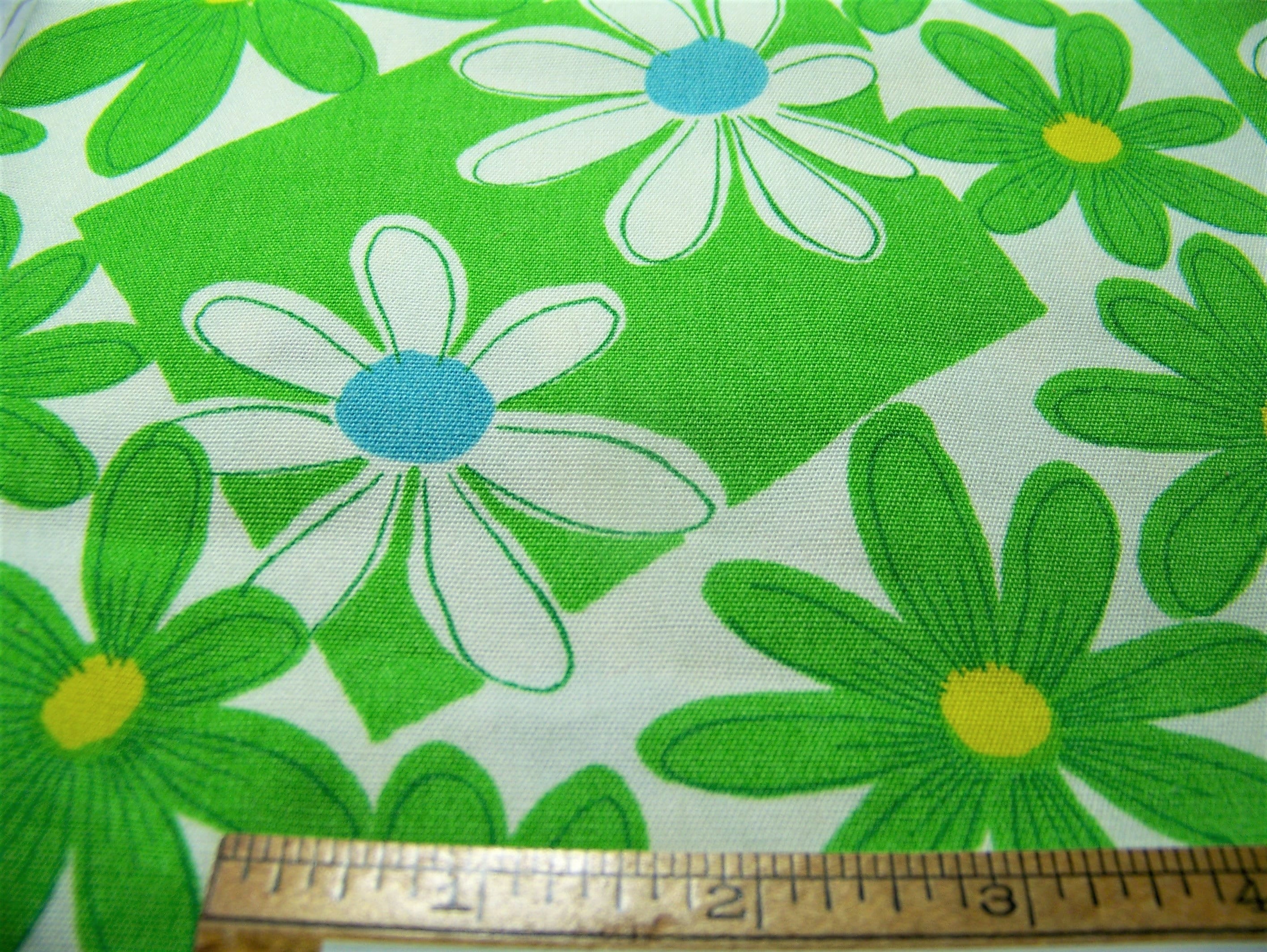 Vintage 1960's Cotton Blend Fabric Curtain Panel Mod Daisies Green Blue Yellow White 65 Wide By 80 Long Quilting Sewing Decorating Invbl"