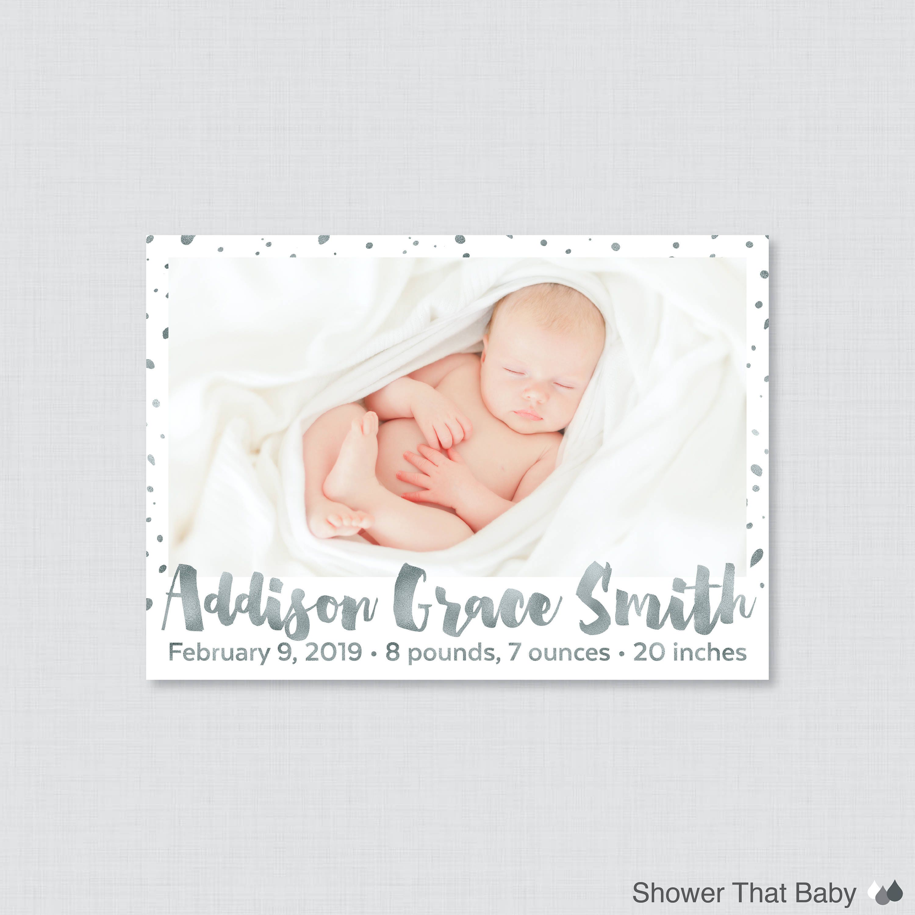 Printable Or Printed Photo Birth Announcement Cards With Faux Silver Foil, & White Announcement, Landscape Ba20