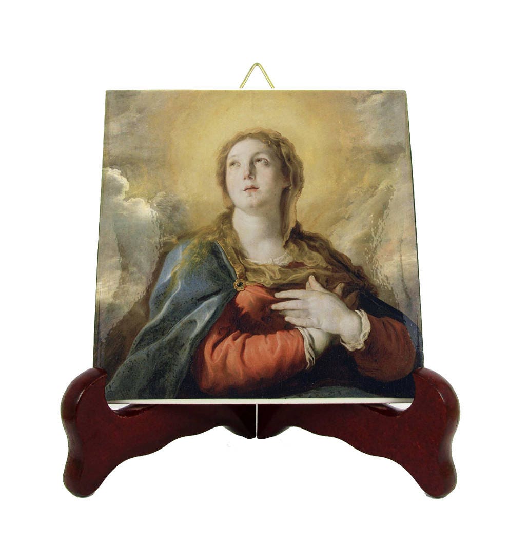 Madonna in Glory - Catholic Icon On Ceramic Tile Religious Crafts Handmade Italy Virgin Mary Art Blessed