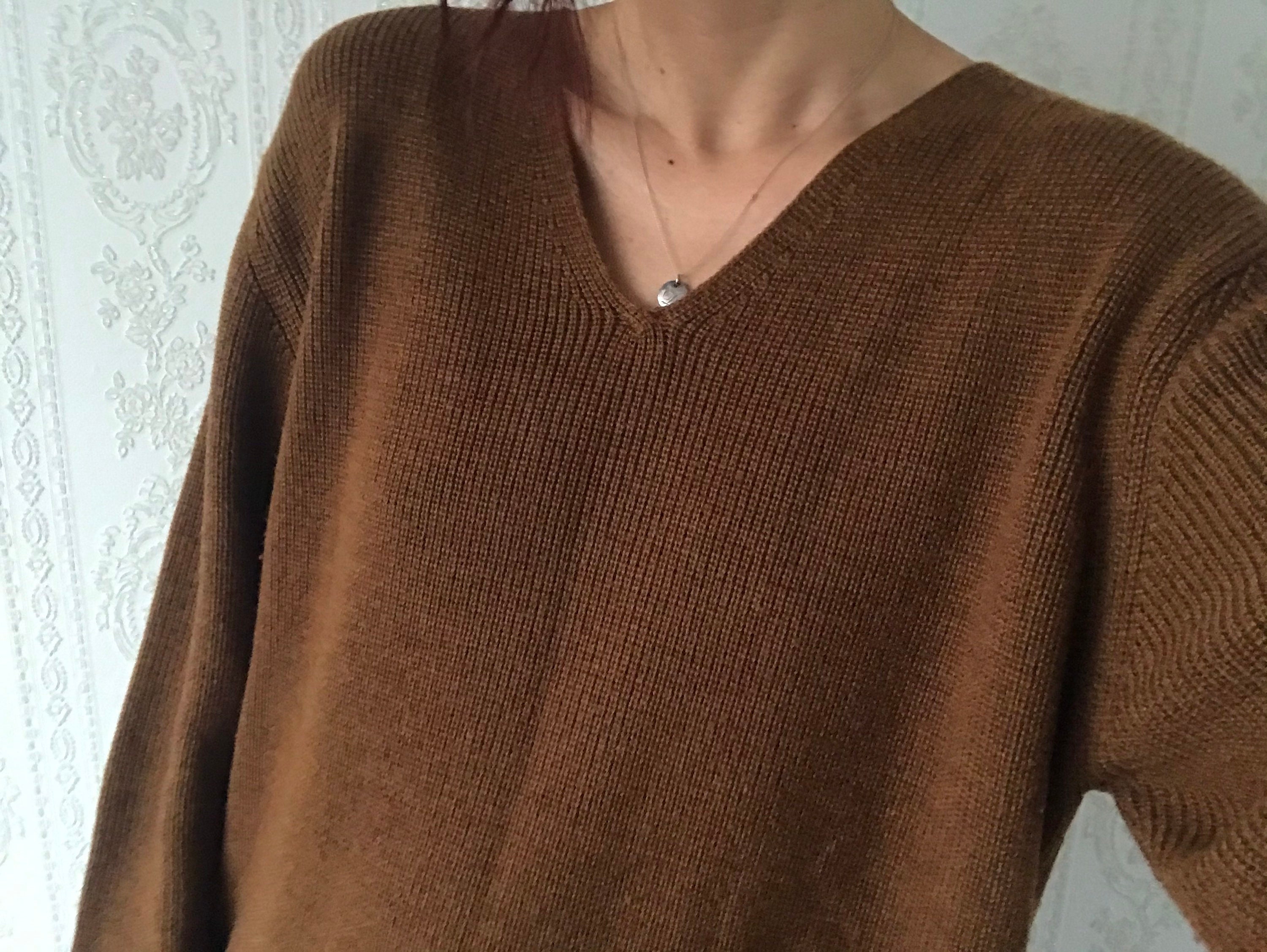 Vintage Chestnut Brown V Wool Blend Mirco Knit Blouse/ Top/ Pullover/ Sweater/ Jumper/ S - L