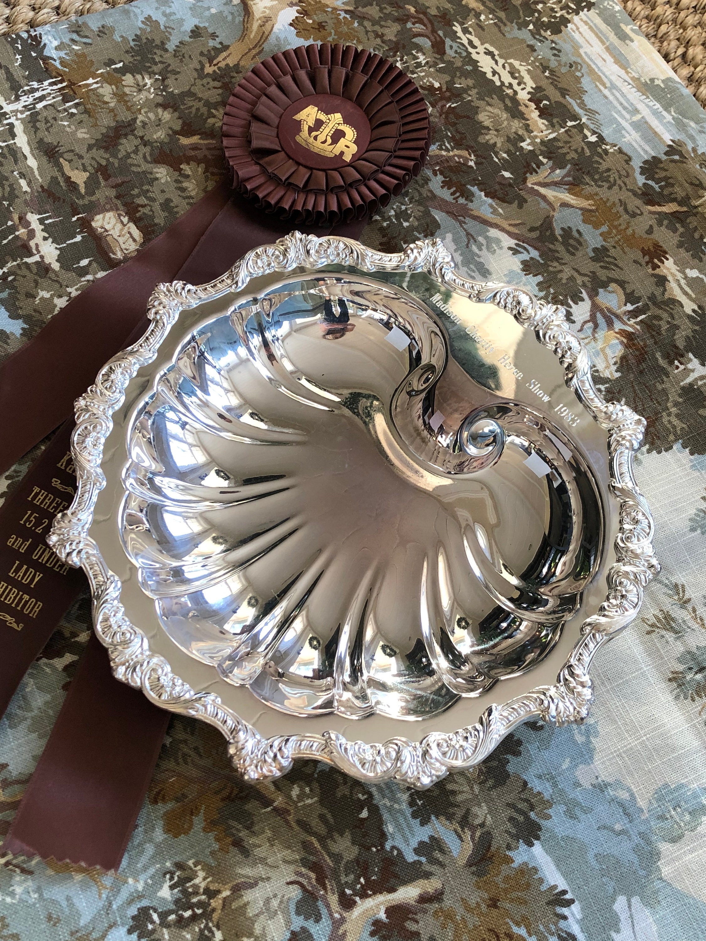 Vintage Silverplate Shell Footed Bowl, Engraved Madison Charity Horse Show, Shell, Nautical, Coastal, Scalloped, Serving, Poole