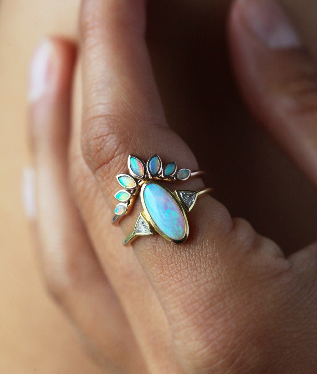 Opal Ring, 14K Rose Gold Wedding Band, Crown Leaf Floral Marquise Matching Curved Nesting Jewelry