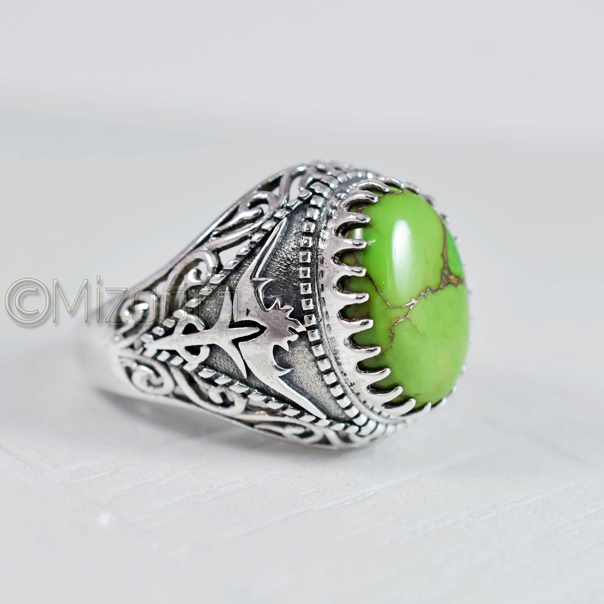 Copper Turquoise Ring 925 Sterling Silver Jewelry Natural Gemstone Green Men's Boys