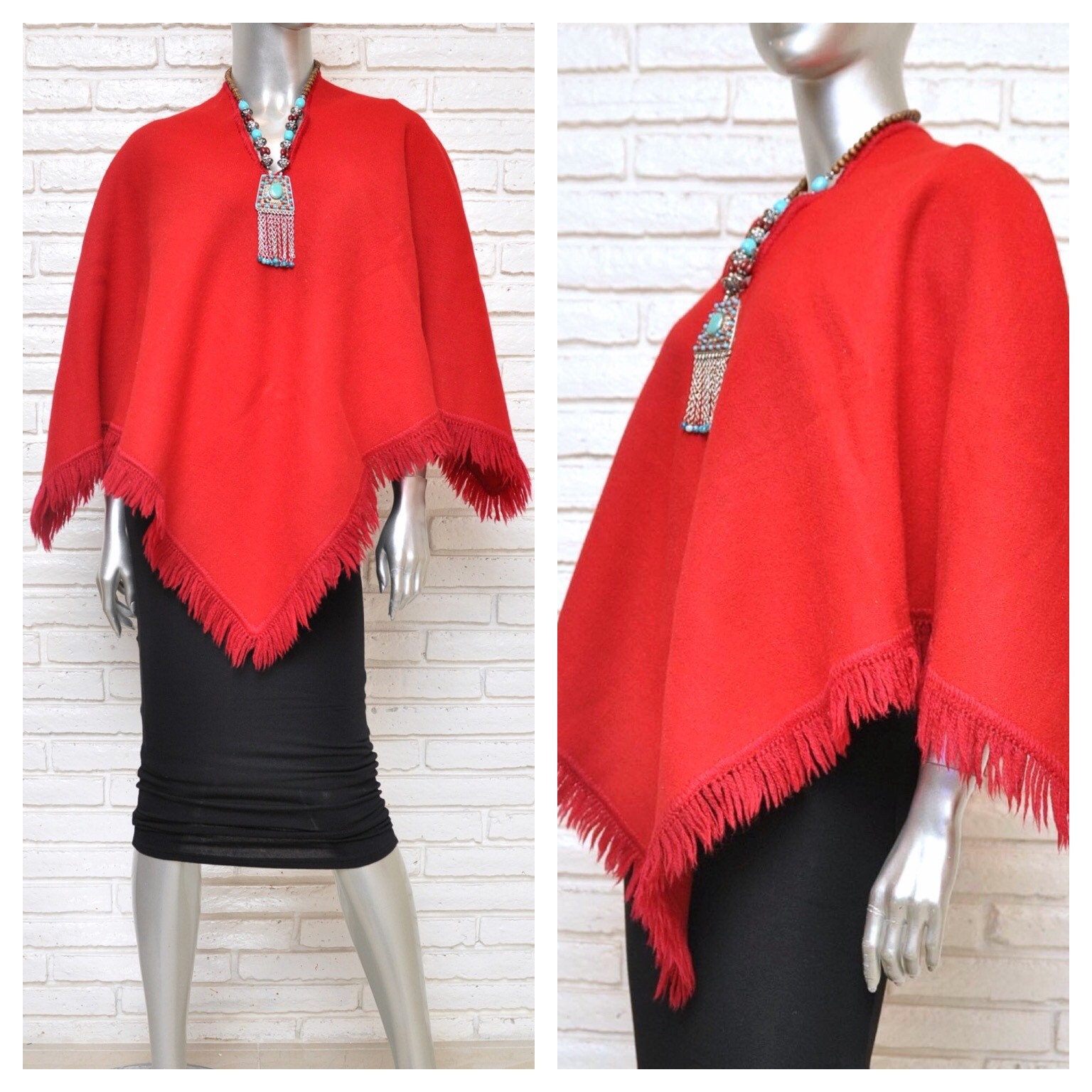 Women's Burnt Red Wool Blend Blanket Poncho Cape Osfa Hippie Boho Winter Shawl Pullover Jacket