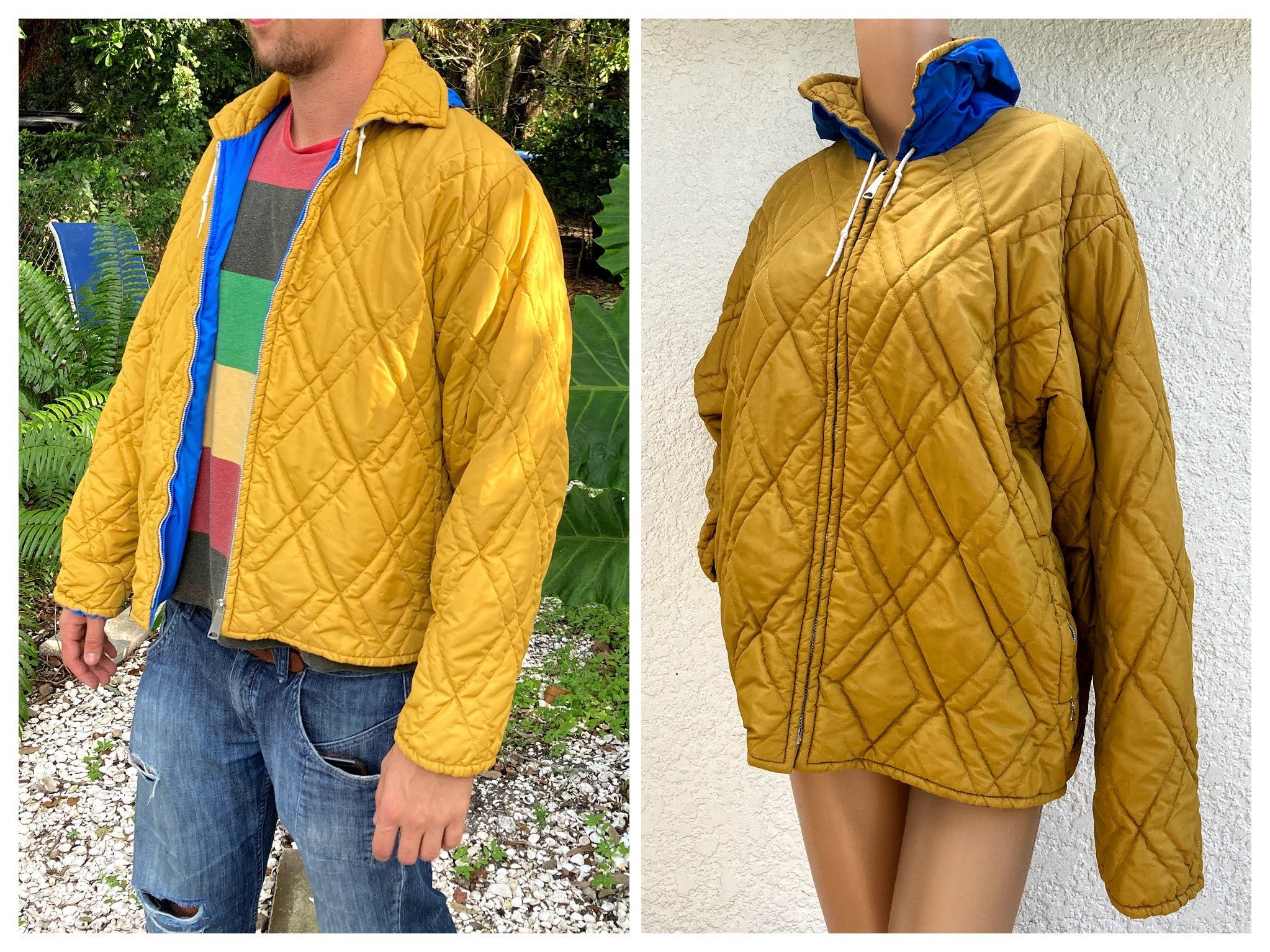 Men's L 70S Puffer Jacket With Hood By Sportcaster, Reversible, La Rams Colors, Rain Resistant, Measurements in Description
