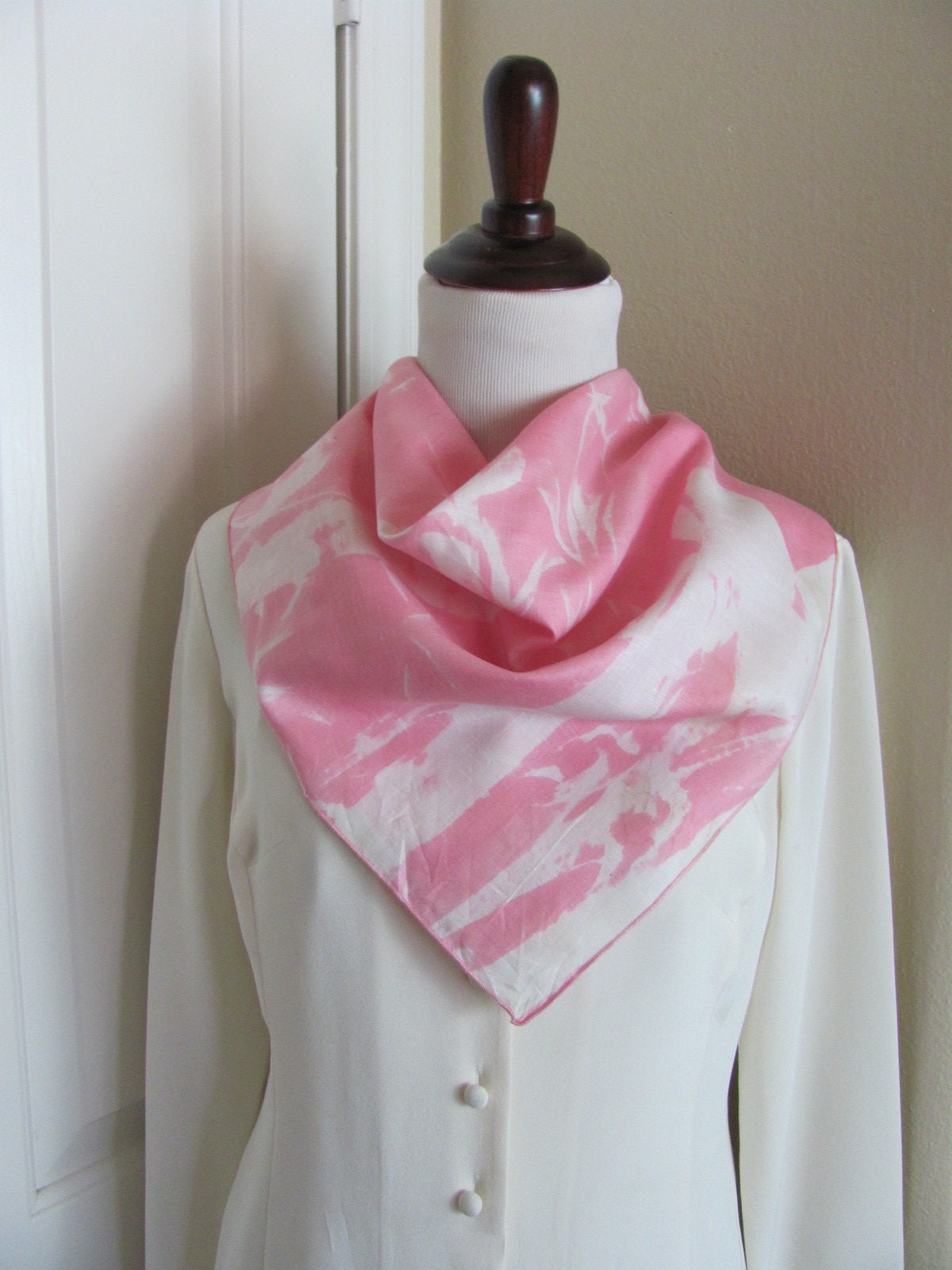 Carol Laurie // Pink White Cotton Blend Scarf 22 Inch 56cm Square