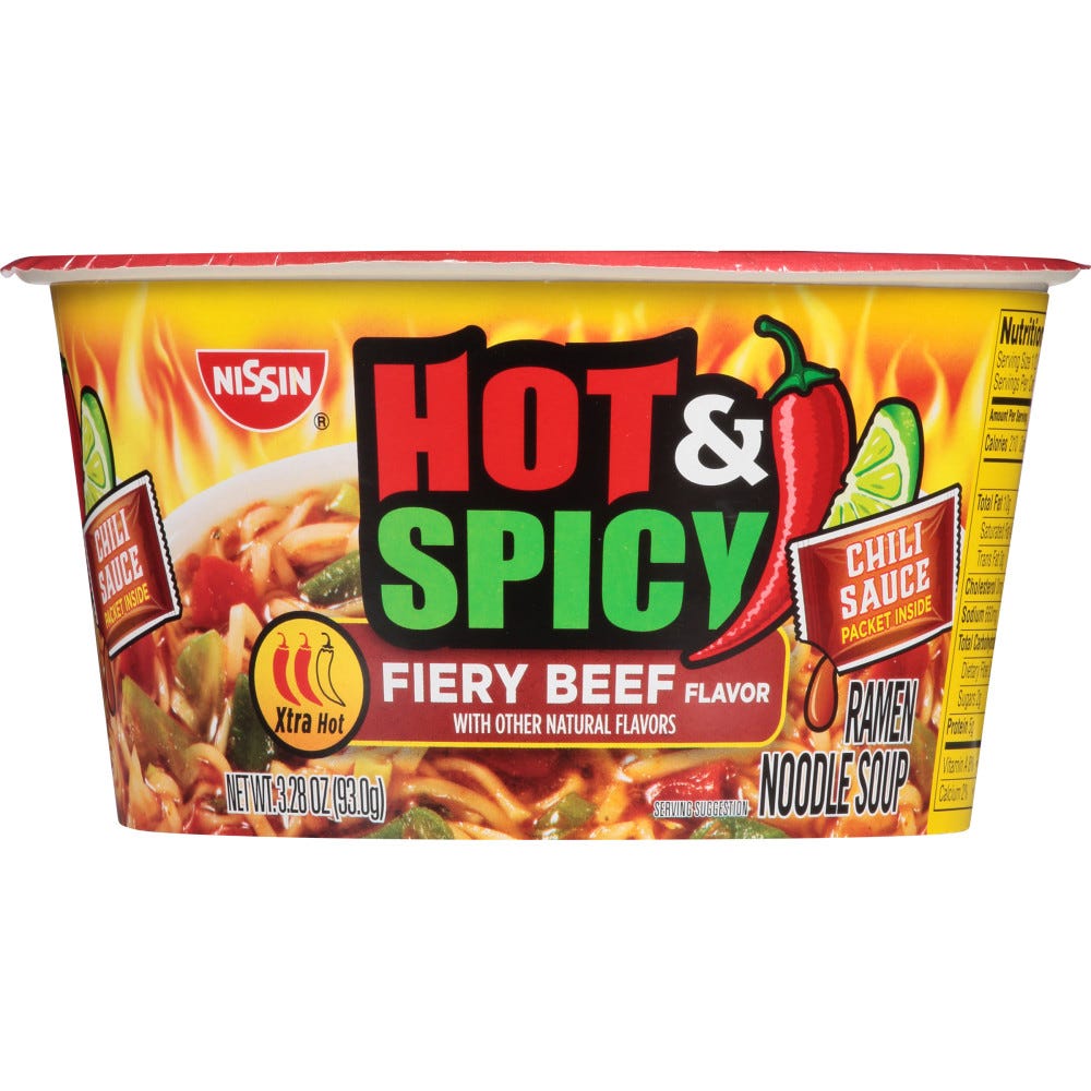 Nissin Ramen Noodle Soup, Hot & Spicy Fiery Beef - 3.28 oz