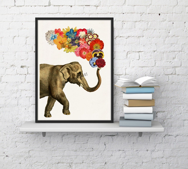 Wall Art Print Animal Print. Elephant With Flowers Nursery Decor - Art - Wall Spring Decor Ani091Wa4